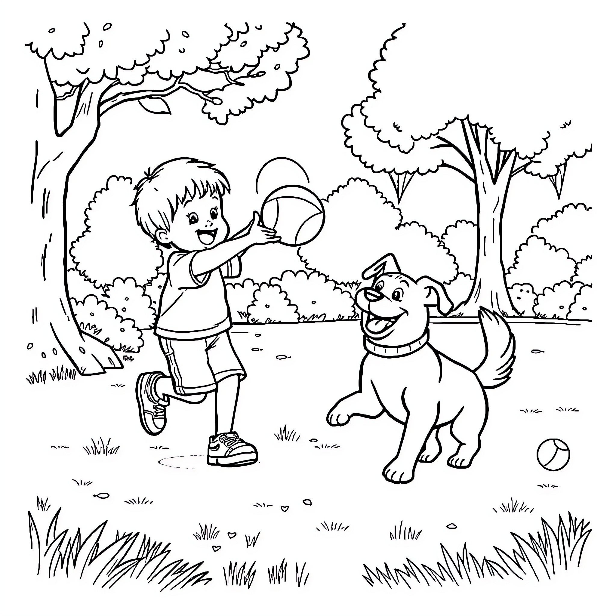 Boy playing with dog in the park Coloring Page (free black-and-white line drawing printable PDF for all, from beginners to advanced learners, including children, teens, adults, and seniors)