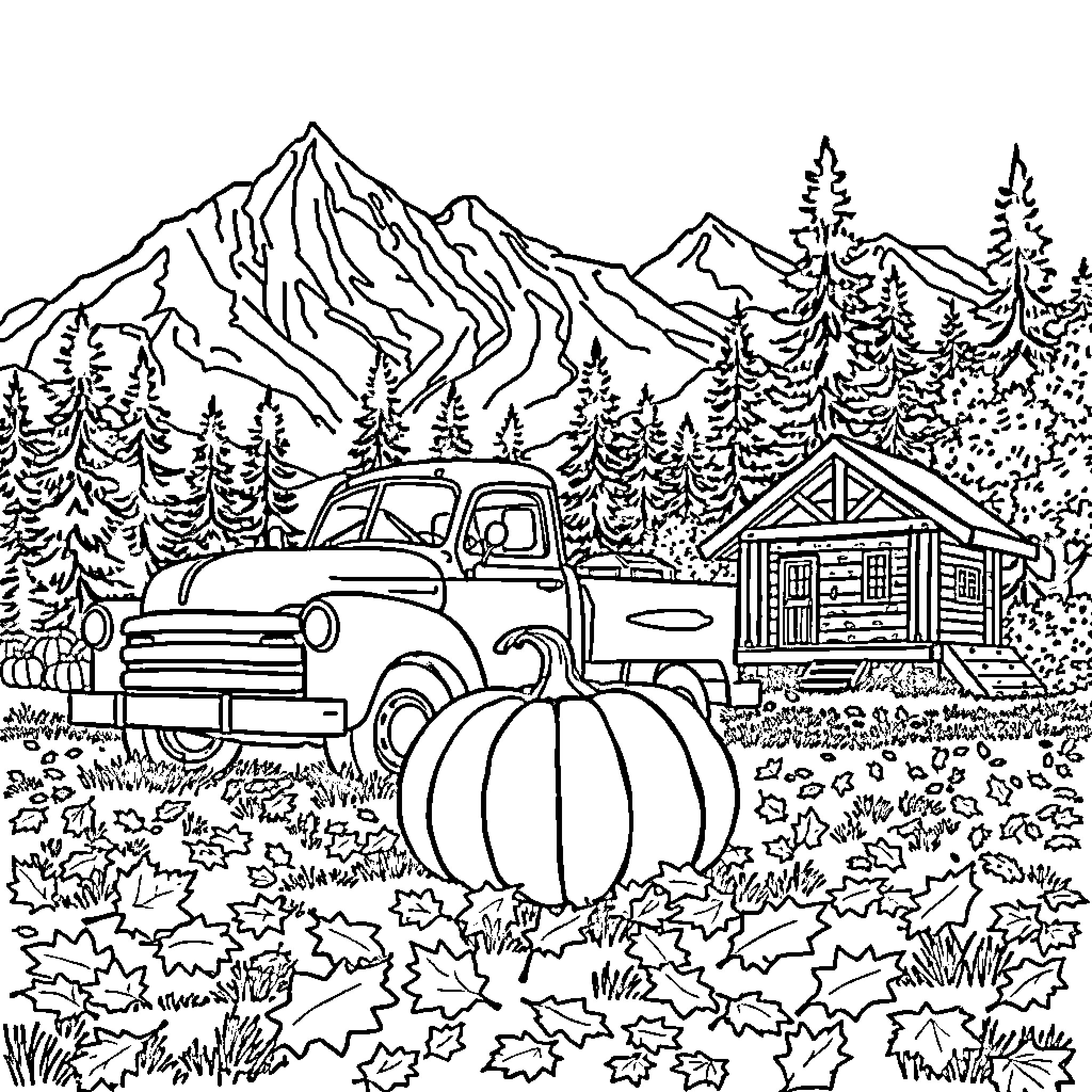Pumpkin Harvest in the Mountainous Countryside Coloring Page (free black-and-white line drawing printable PDF for all, from beginners to advanced learners, including children, teens, adults, and seniors)