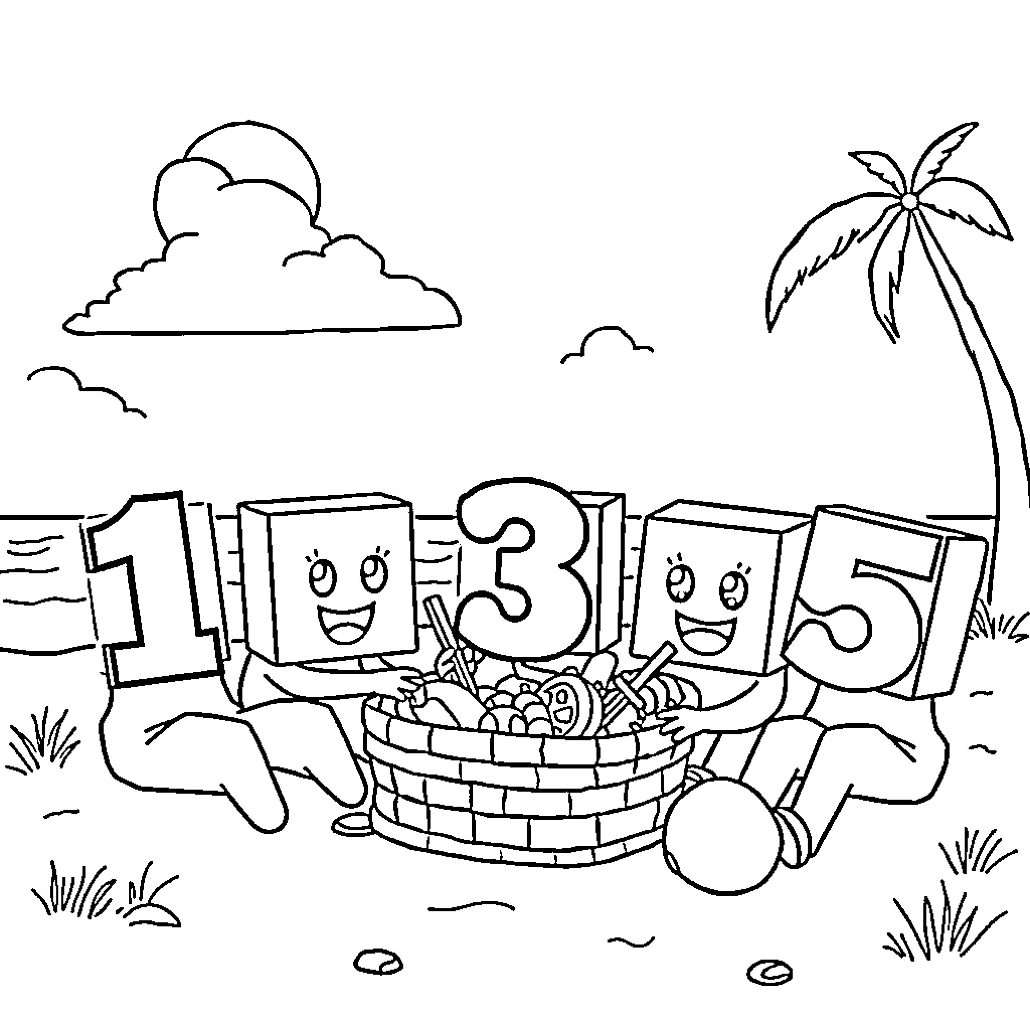 Numberblocks enjoying a picnic day Coloring Page (free black-and-white line drawing printable PDF for all, from beginners to advanced learners, including children, teens, adults, and seniors)