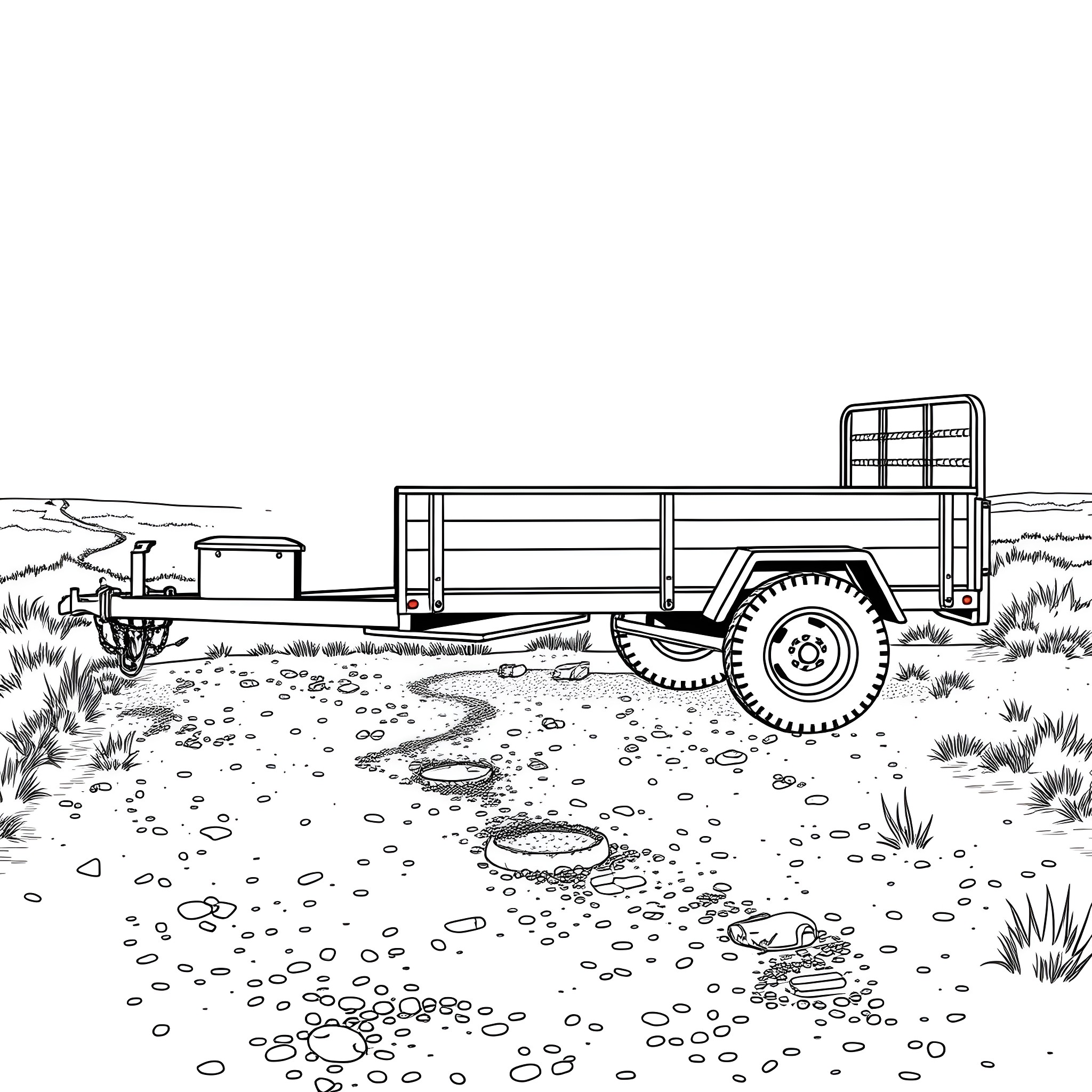 Gooseneck Trailer on a Rural Dirt Road Coloring Page (free black-and-white line drawing printable PDF for all, from beginners to advanced learners, including children, teens, adults, and seniors)