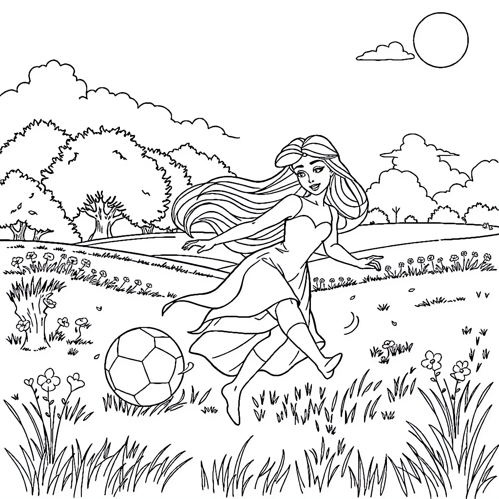 Princess Playing with Soccer Ball in Meadow Coloring Page (free black-and-white line drawing printable PDF for all, from beginners to advanced learners, including children, teens, adults, and seniors)