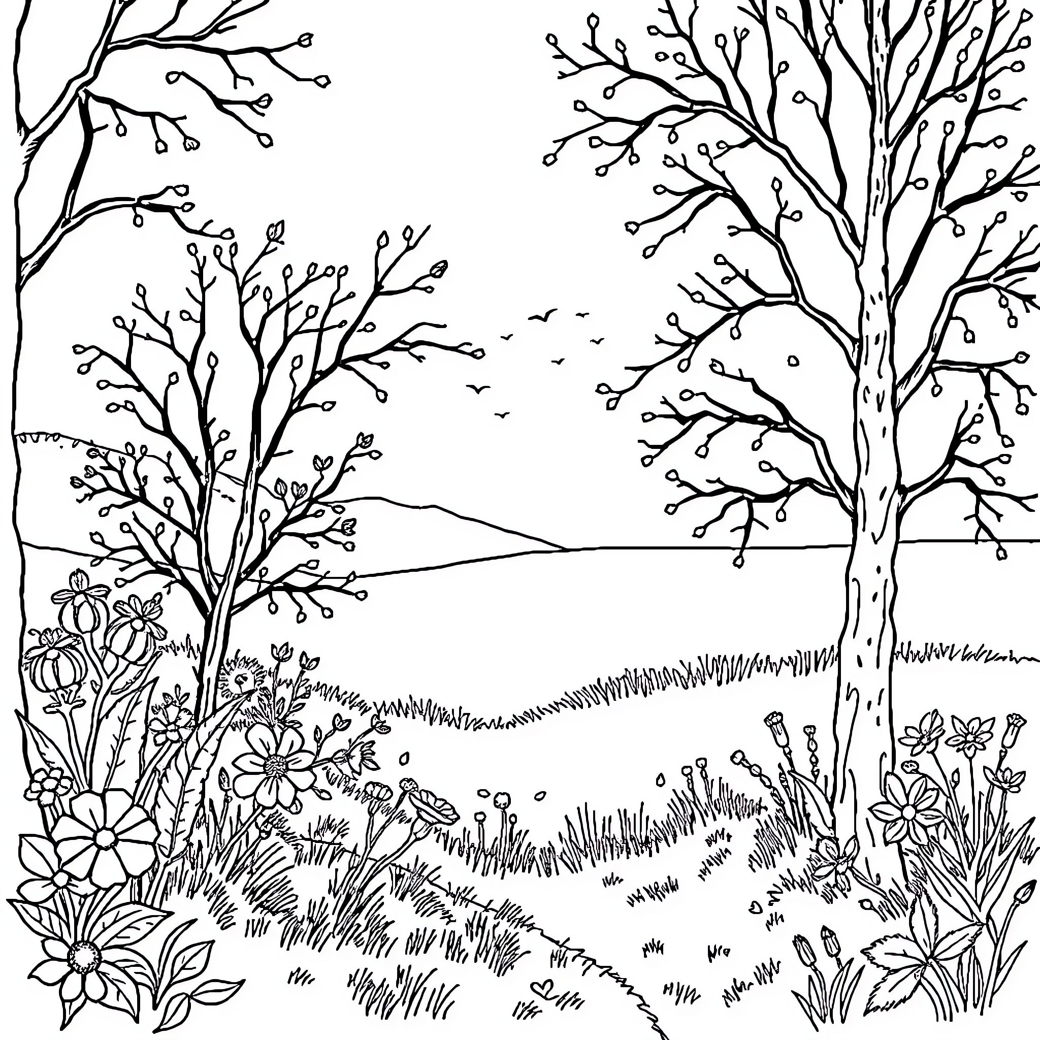 Sunday Stroll Through the Floral Landscape Coloring Page (free black-and-white line drawing printable PDF for all, from beginners to advanced learners, including children, teens, adults, and seniors)