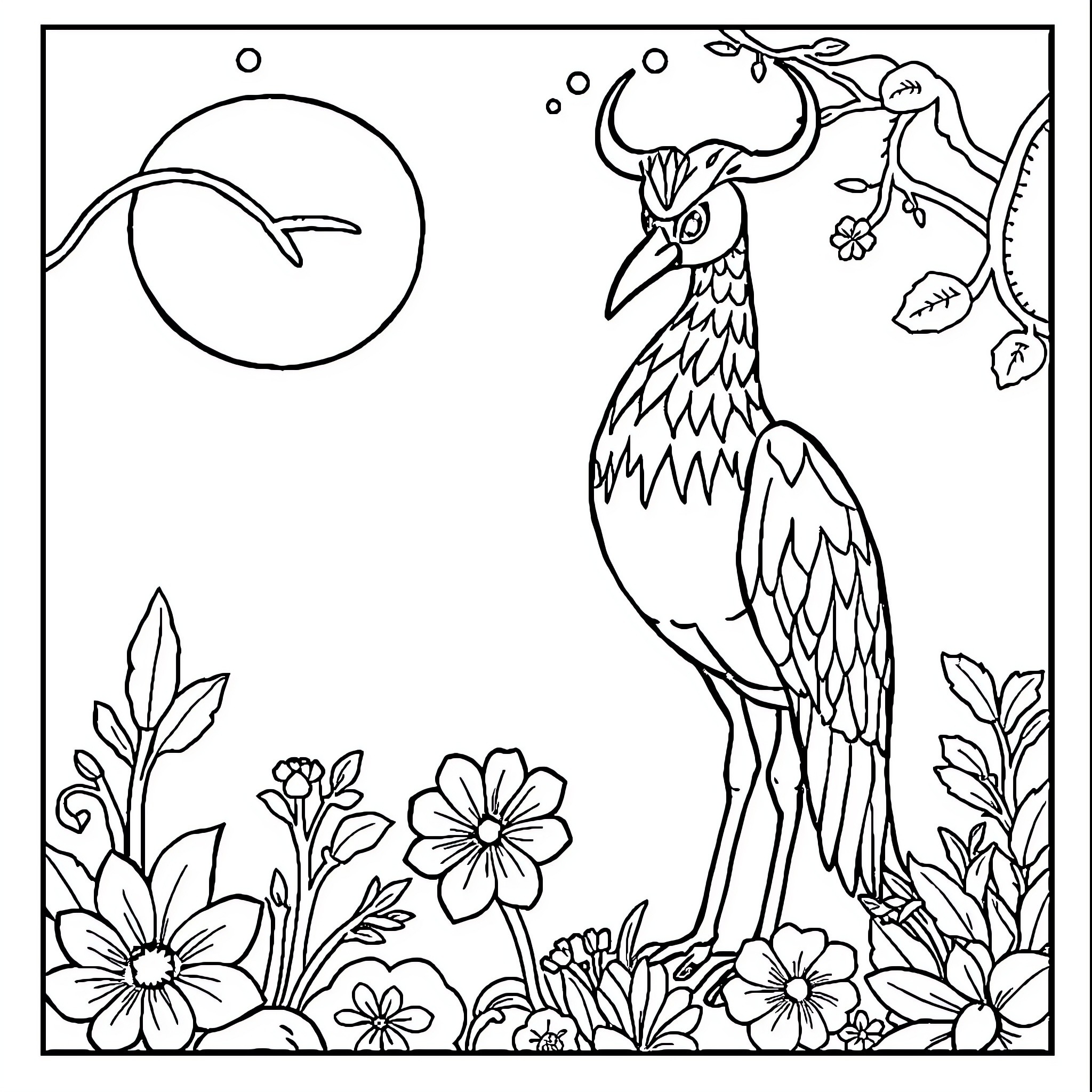 Brands rooster in floral nature scene Coloring Page (free black-and-white line drawing printable PDF for all, from beginners to advanced learners, including children, teens, adults, and seniors)