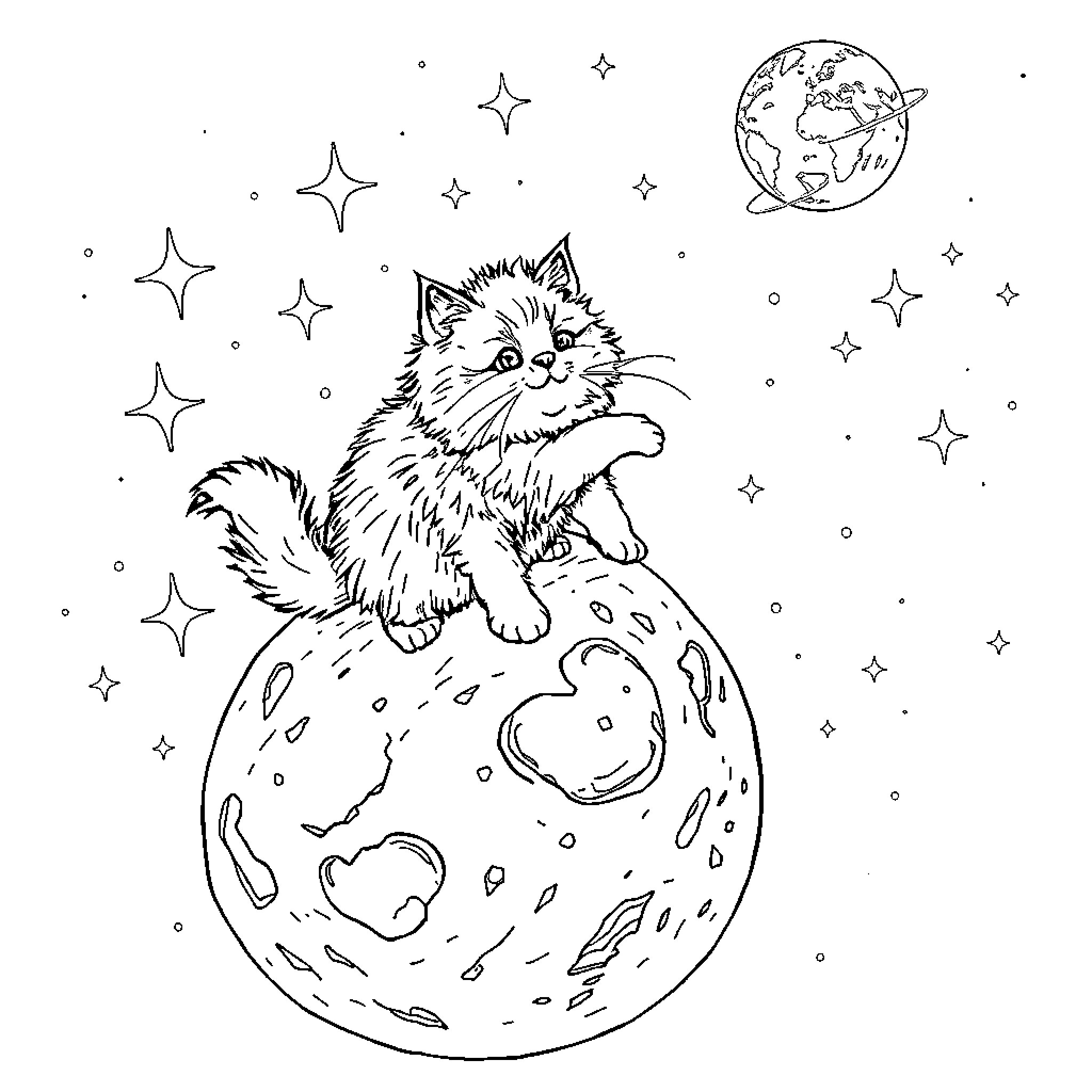 Cat exploring the cosmic world Coloring Page (free black-and-white line drawing printable PDF for all, from beginners to advanced learners, including children, teens, adults, and seniors)
