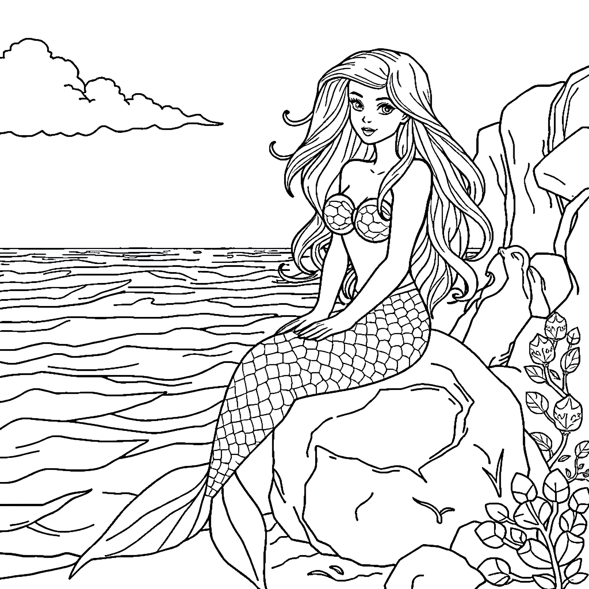 Mermaid relaxing by the ocean shore Coloring Page (free black-and-white line drawing printable PDF for all, from beginners to advanced learners, including children, teens, adults, and seniors)