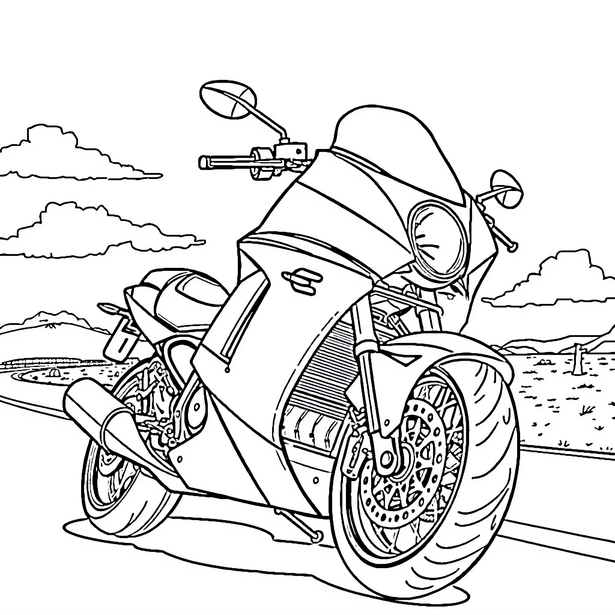 Motorcycle speeding through a rural landscape Coloring Page (free black-and-white line drawing printable PDF for all, from beginners to advanced learners, including children, teens, adults, and seniors)
