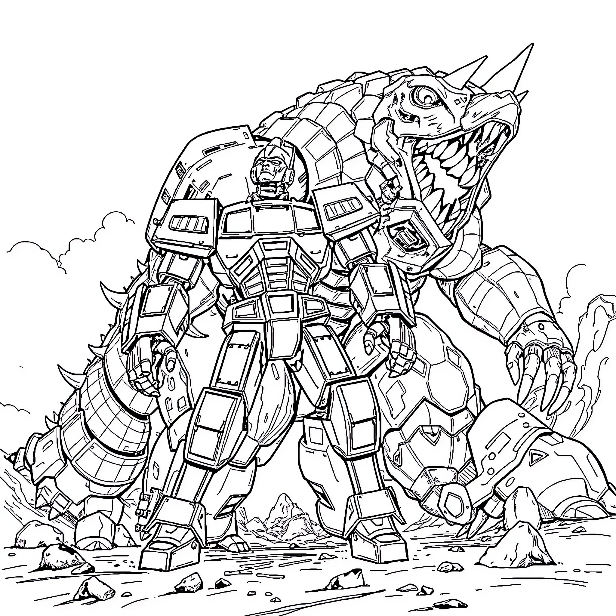 Robot Mechanized Dragon Stomping Through Rocks Coloring Page (free black-and-white line drawing printable PDF for all, from beginners to advanced learners, including children, teens, adults, and seniors)