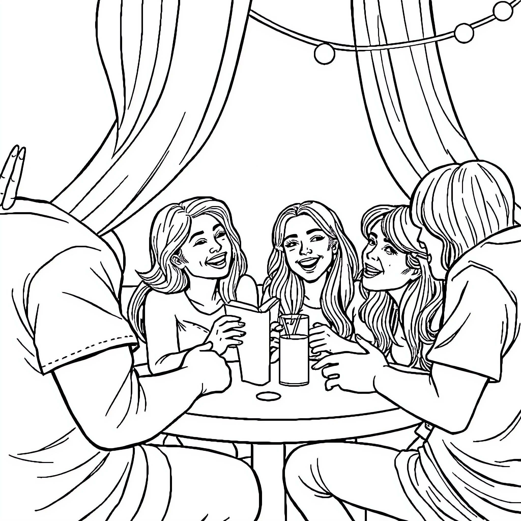 Amoi - Friends Enjoying Drinks Together Coloring Page (free black-and-white line drawing printable PDF for all, from beginners to advanced learners, including children, teens, adults, and seniors)