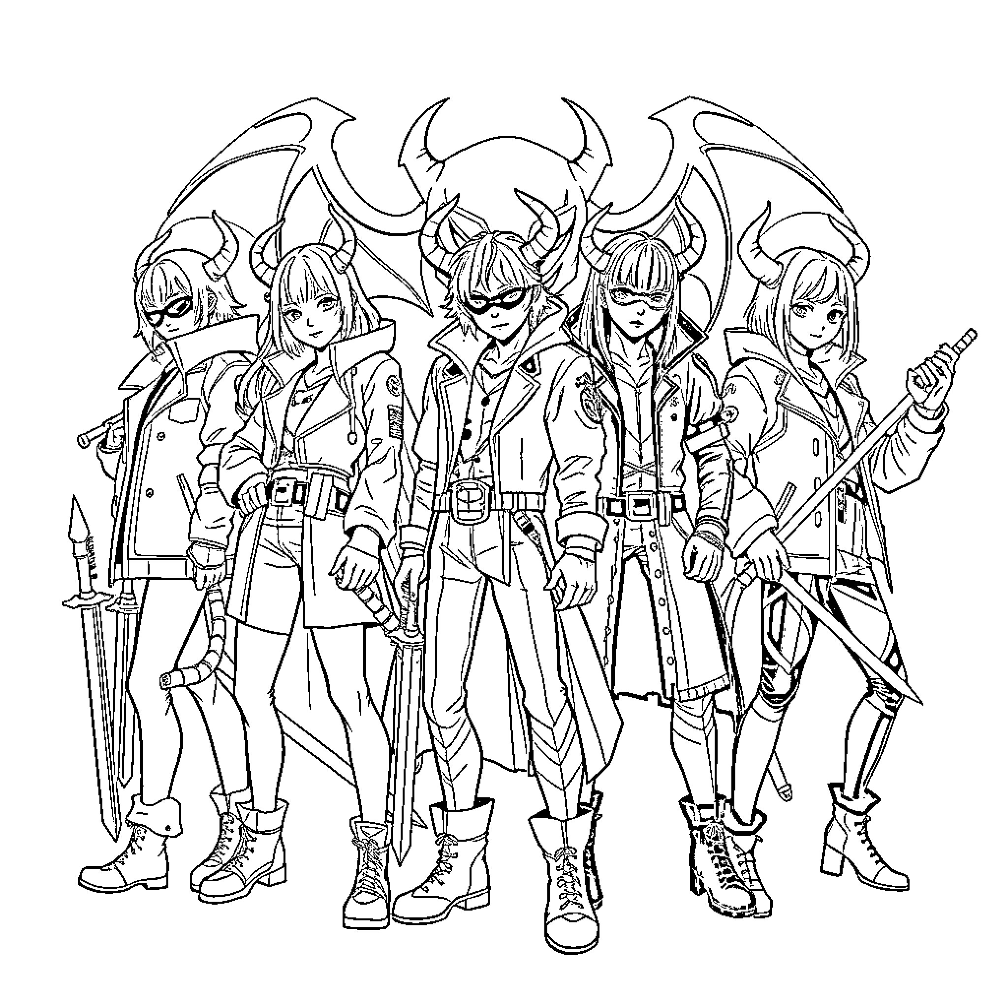 Demon Hunters in Action-Packed Attire Coloring Page (free black-and-white line drawing printable PDF for all, from beginners to advanced learners, including children, teens, adults, and seniors)