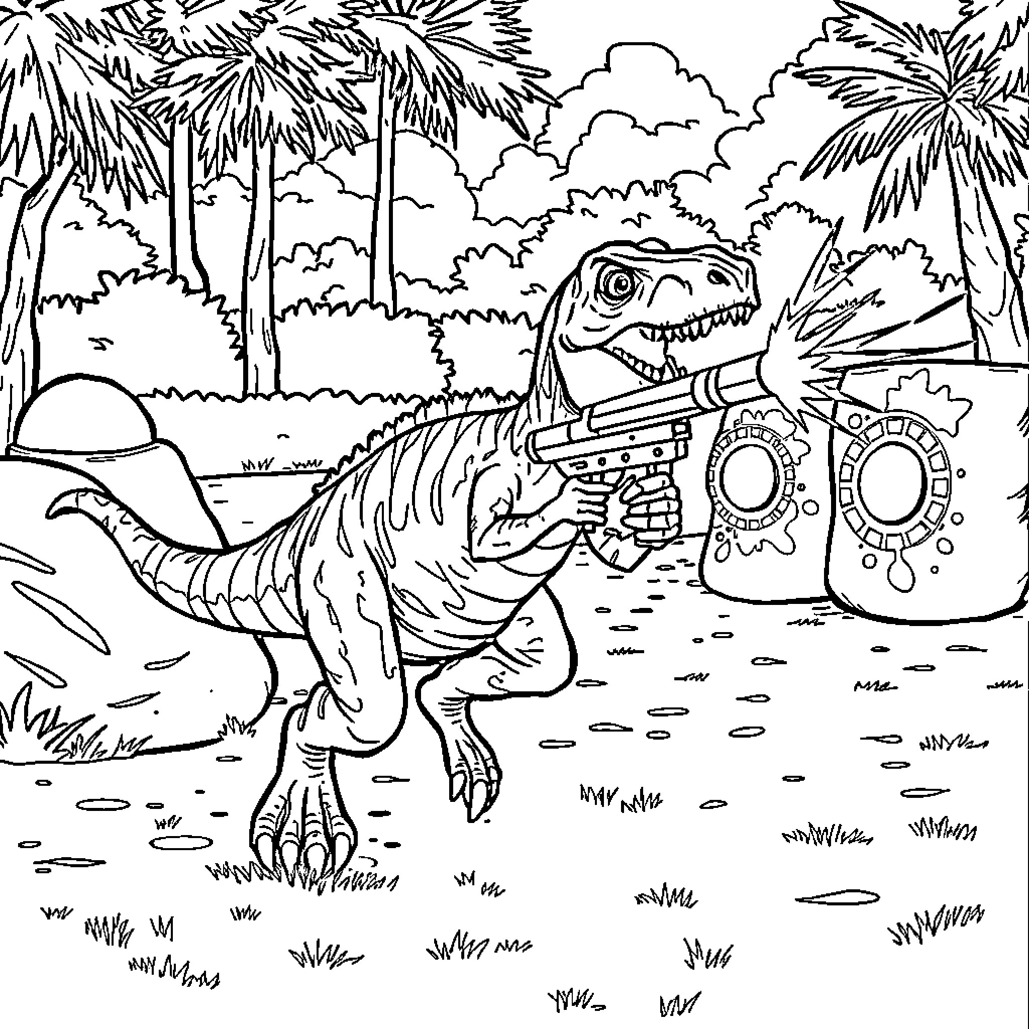 Velociraptor exploring the prehistoric jungle Coloring Page (free black-and-white line drawing printable PDF for all, from beginners to advanced learners, including children, teens, adults, and seniors)
