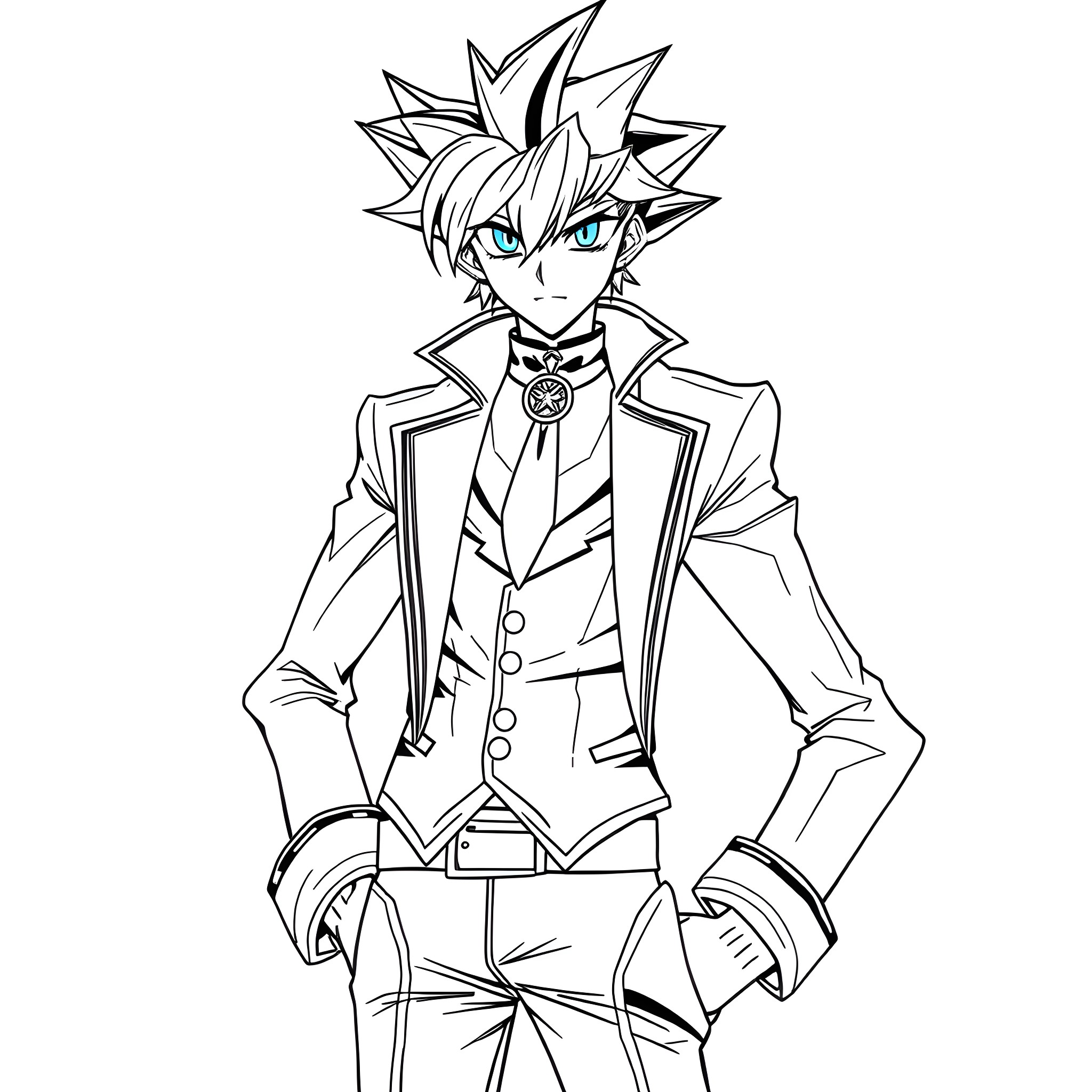 Seto Kaiba in formal attire with determined expression Coloring Page (free black-and-white line drawing printable PDF for all, from beginners to advanced learners, including children, teens, adults, and seniors)
