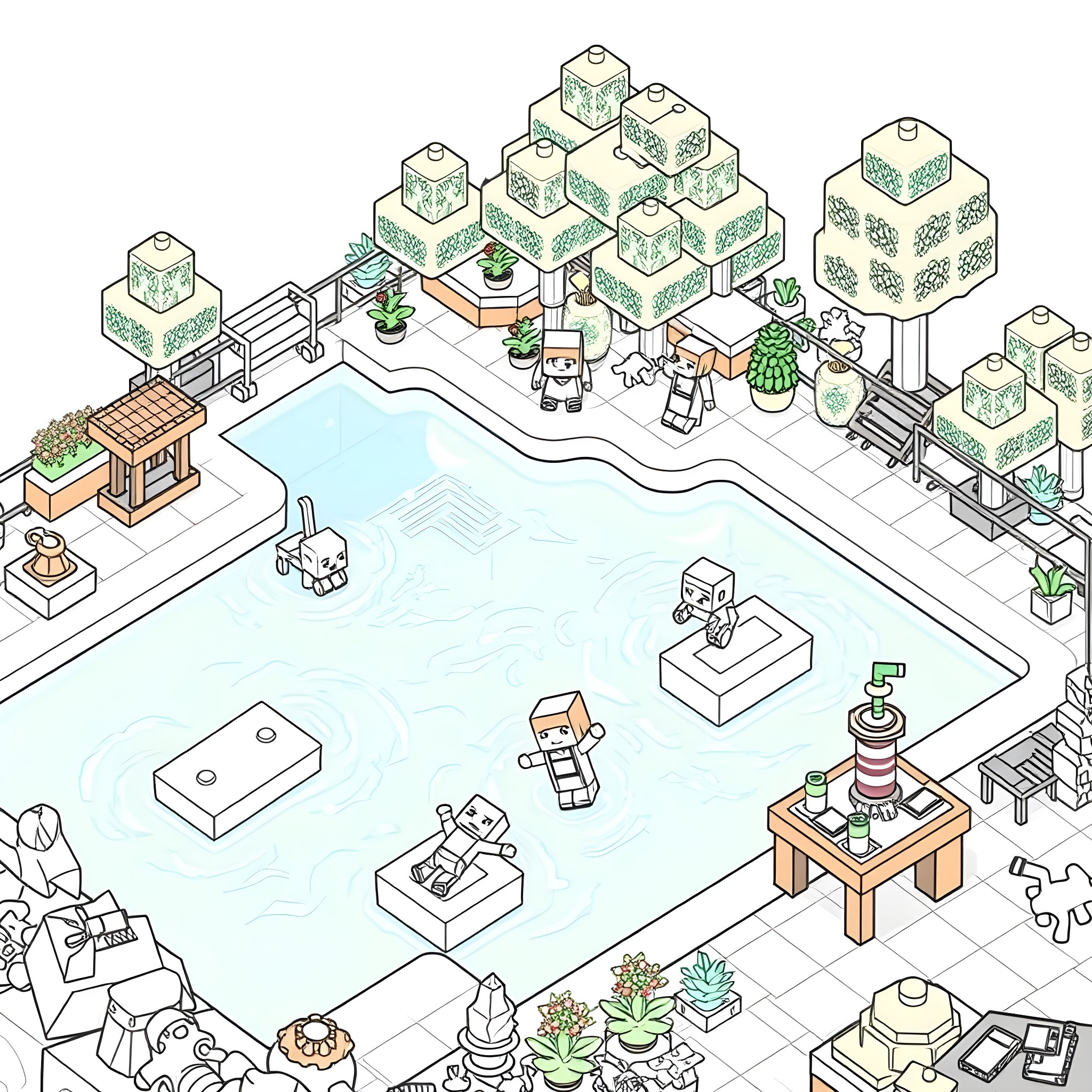 Minecraft Creatures Relaxing by the Pond Coloring Page (free black-and-white line drawing printable PDF for all, from beginners to advanced learners, including children, teens, adults, and seniors)