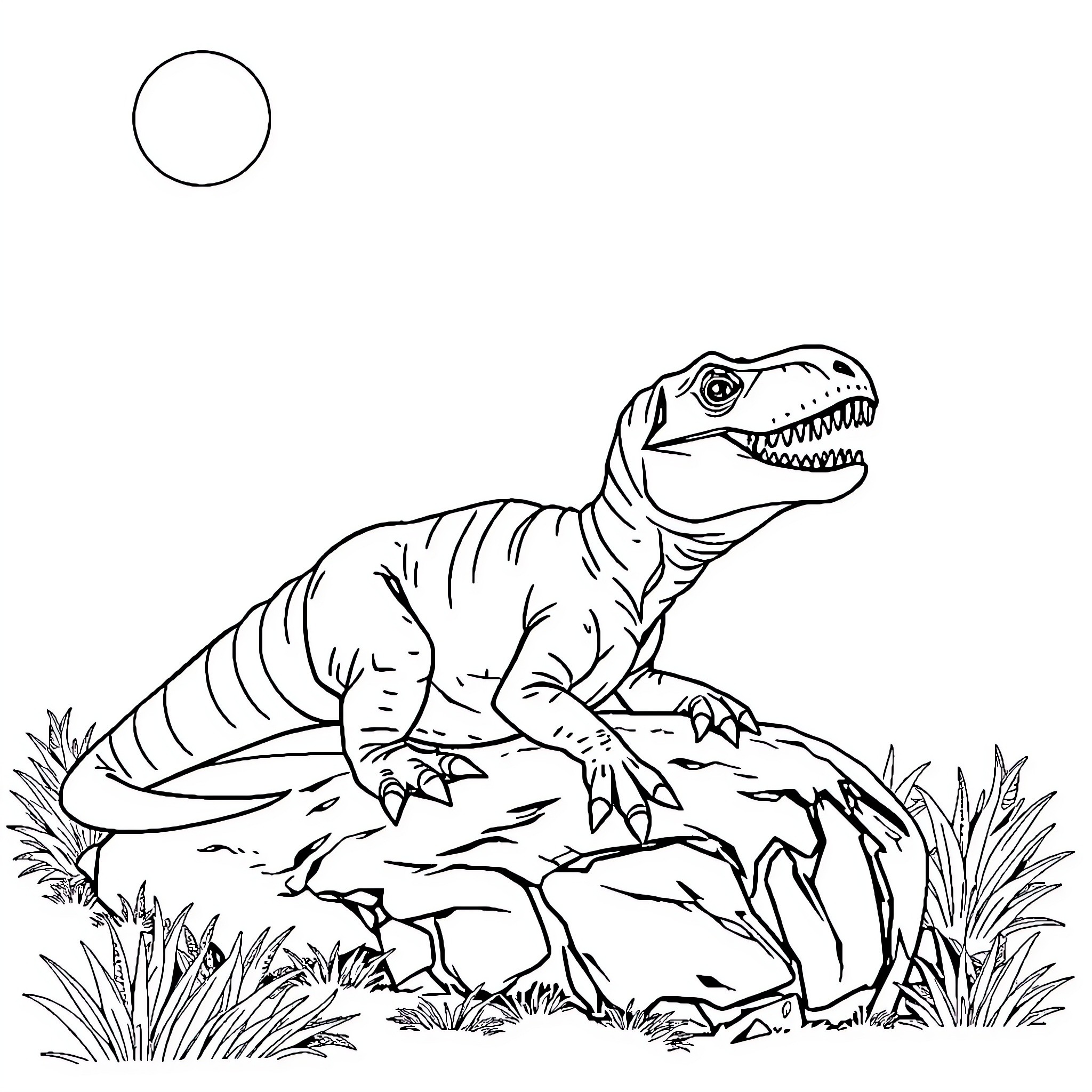 T-Rex hunting its prey in the wild Coloring Page (free black-and-white line drawing printable PDF for all, from beginners to advanced learners, including children, teens, adults, and seniors)