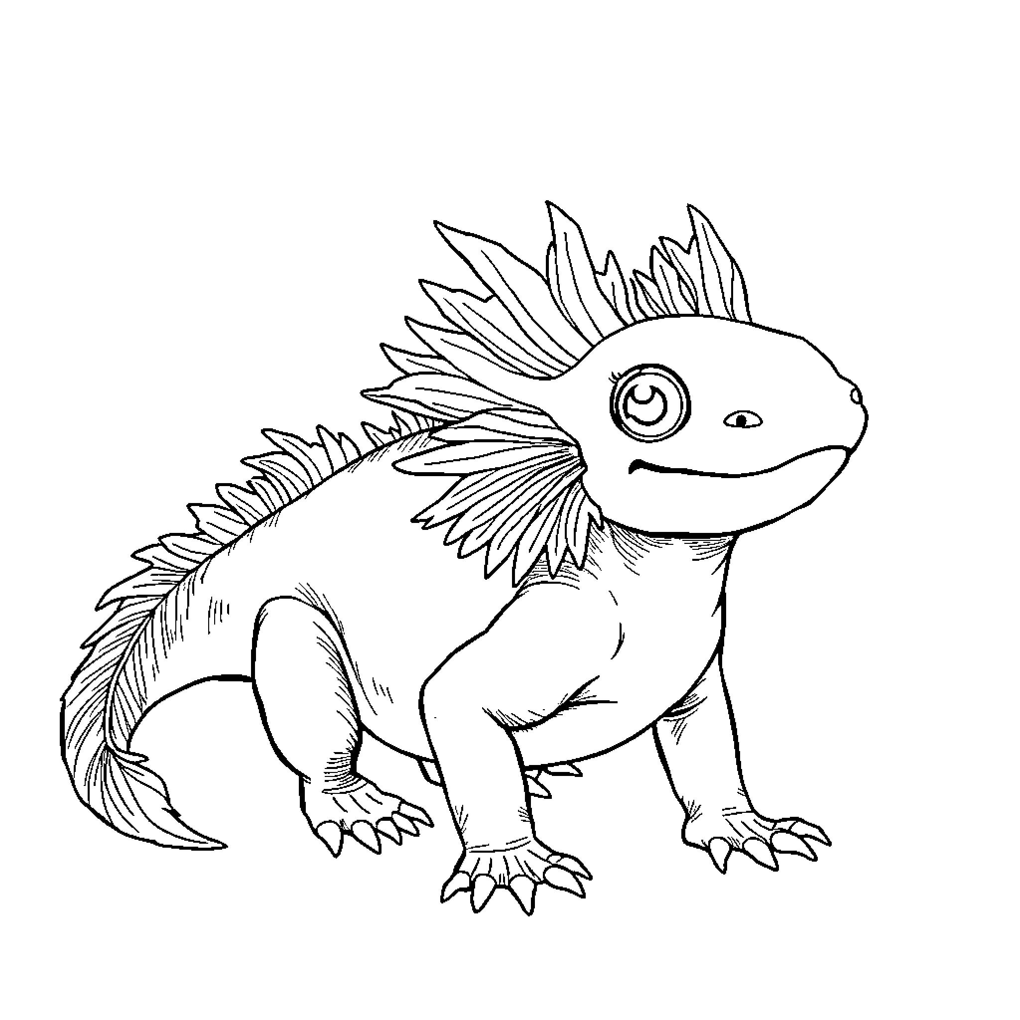 Axolotl with Exuberant Fins Coloring Page (free black-and-white line drawing printable PDF for all, from beginners to advanced learners, including children, teens, adults, and seniors)
