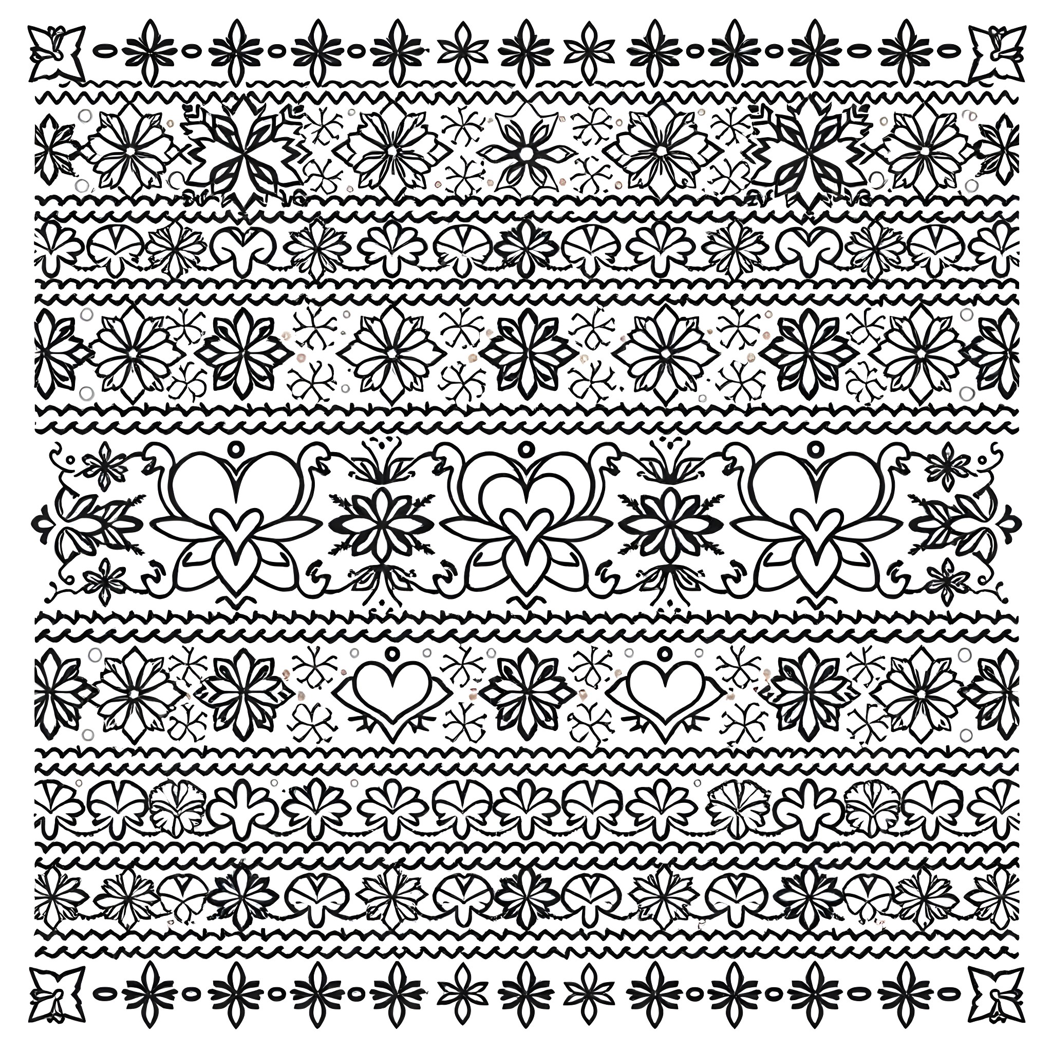 Fair Isle Pattern with Floral and Heart Motifs Coloring Page (free black-and-white line drawing printable PDF for all, from beginners to advanced learners, including children, teens, adults, and seniors)