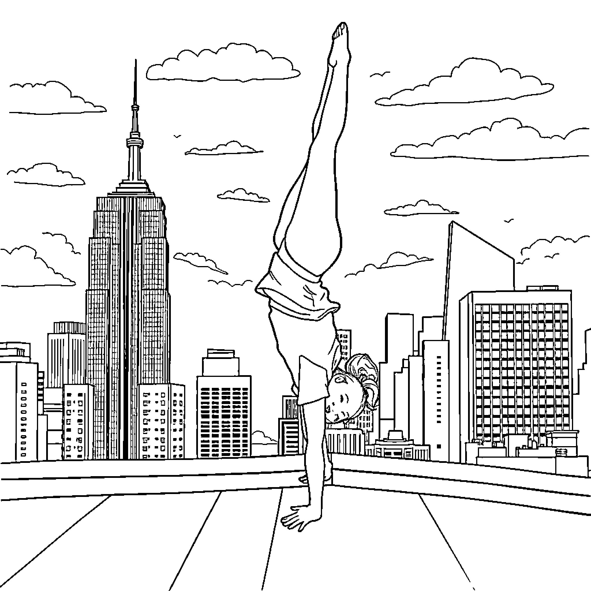 Girl performing acrobatic stunt in cityscape Coloring Page (free black-and-white line drawing printable PDF for all, from beginners to advanced learners, including children, teens, adults, and seniors)