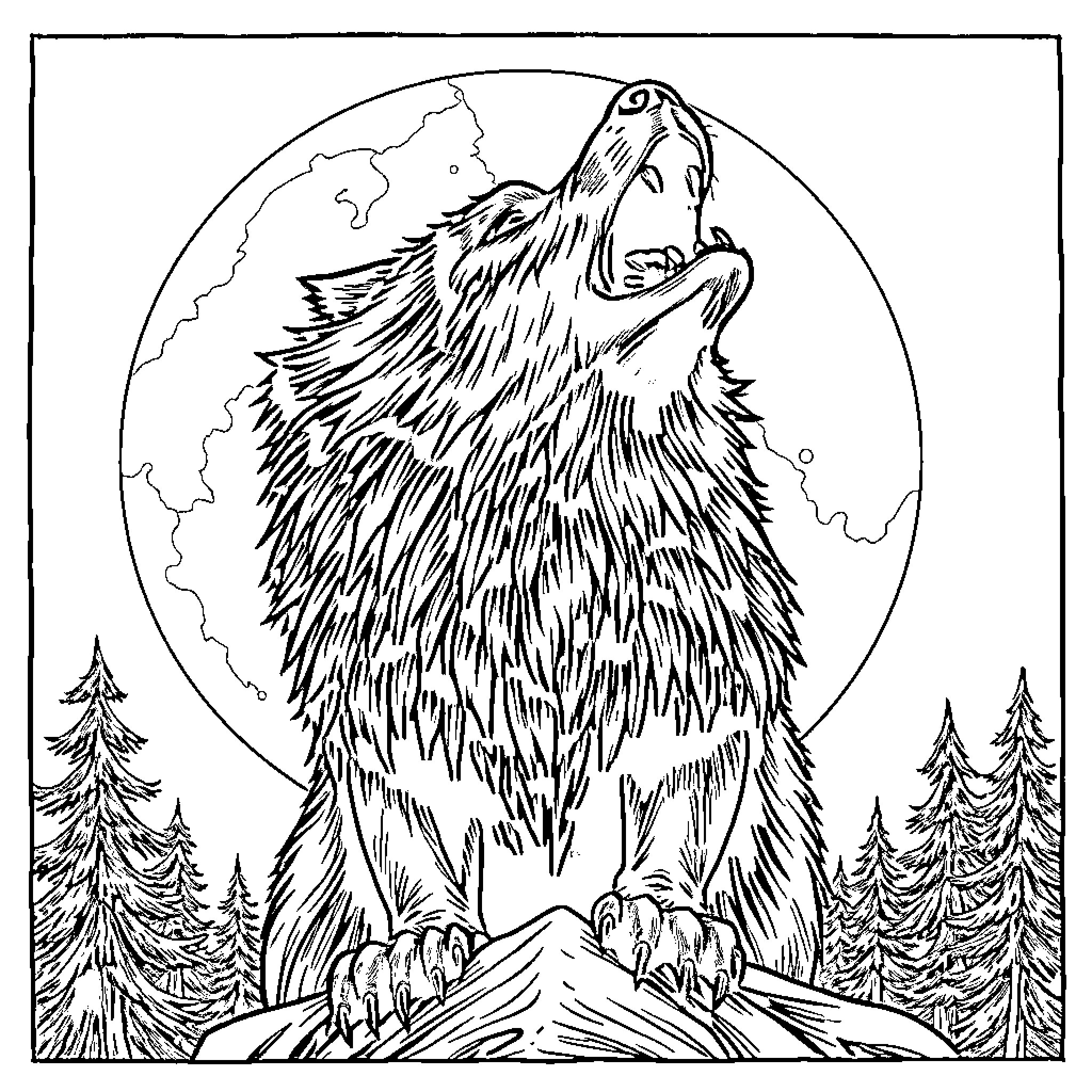 Werewolf howling at the moon in the forest Coloring Page (free black-and-white line drawing printable PDF for all, from beginners to advanced learners, including children, teens, adults, and seniors)