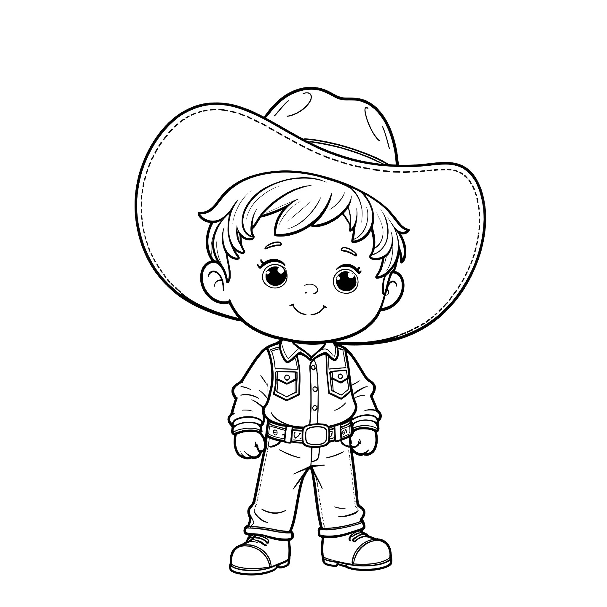 Boy dressed as a cowboy with a hat Coloring Page (free black-and-white line drawing printable PDF for all, from beginners to advanced learners, including children, teens, adults, and seniors)