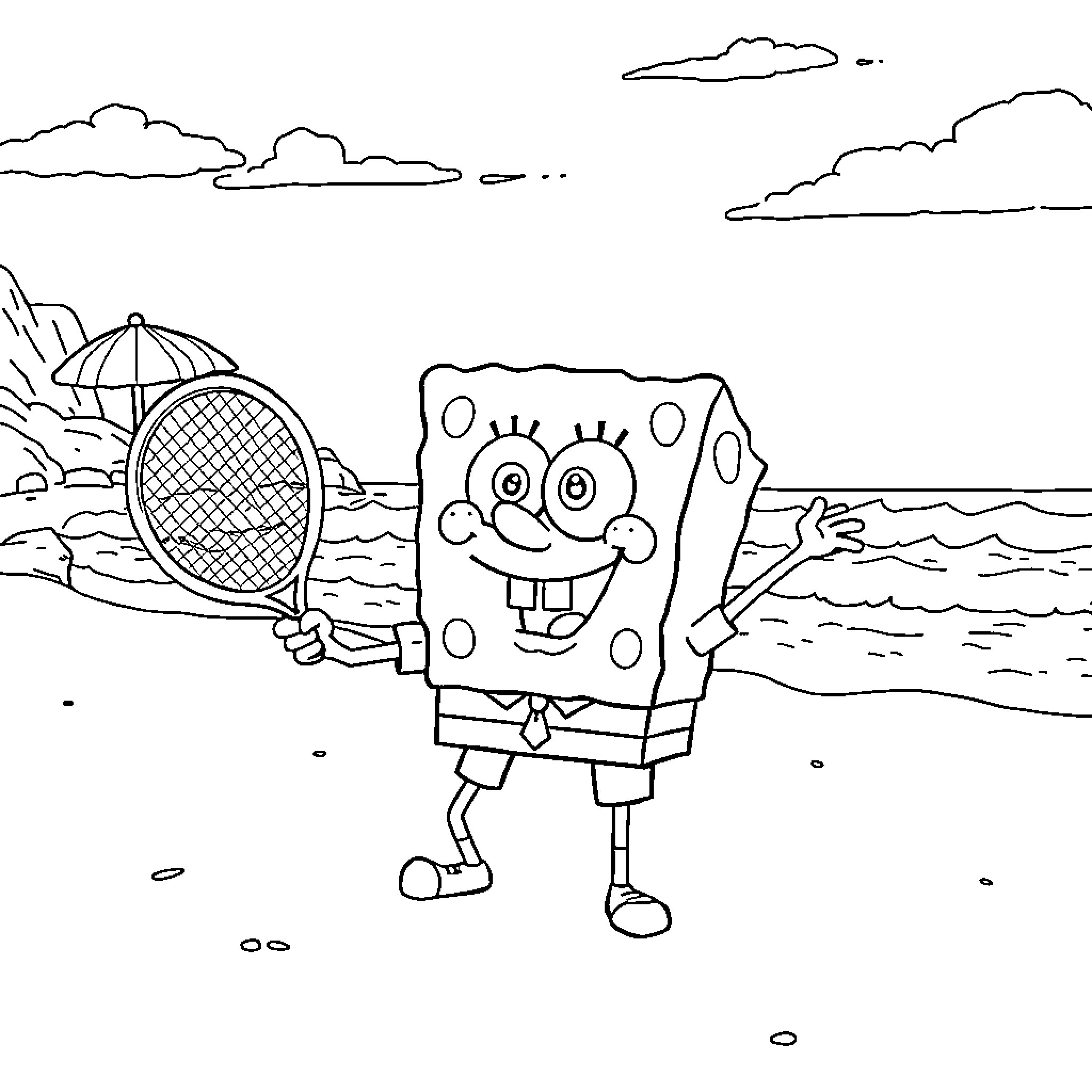 Spongebob playing tennis on the beach Coloring Page (free black-and-white line drawing printable PDF for all, from beginners to advanced learners, including children, teens, adults, and seniors)