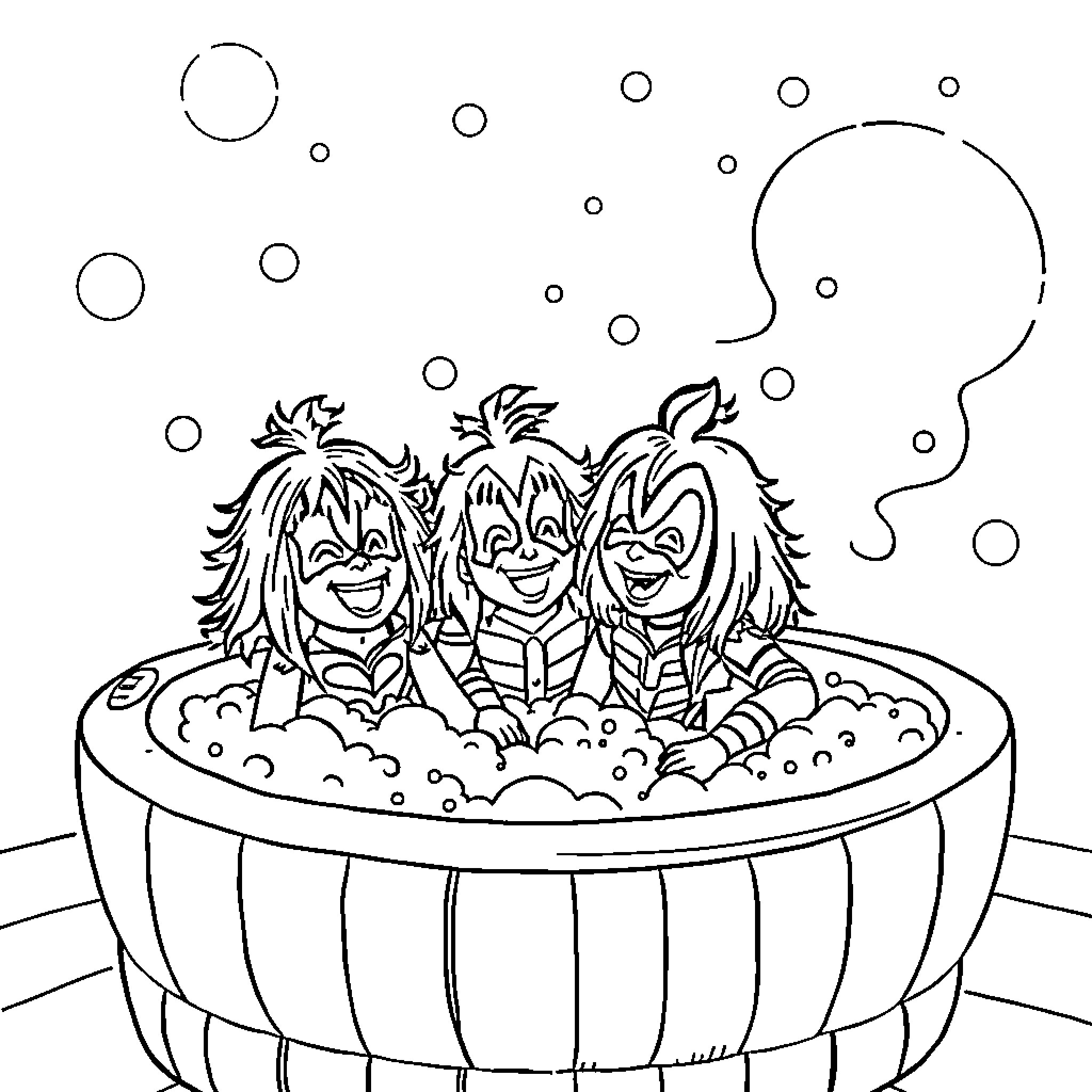 Kiss of the Trolls in the Bubbling Tub Coloring Page (free black-and-white line drawing printable PDF for all, from beginners to advanced learners, including children, teens, adults, and seniors)