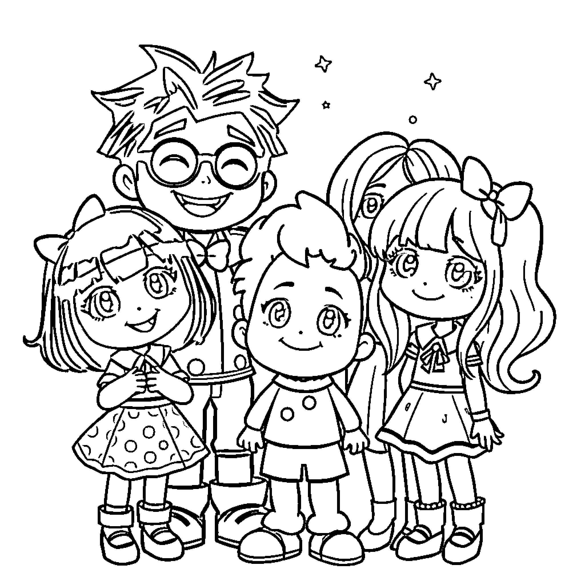 Afton Family Enjoying Playful Togetherness Coloring Page (free black-and-white line drawing printable PDF for all, from beginners to advanced learners, including children, teens, adults, and seniors)