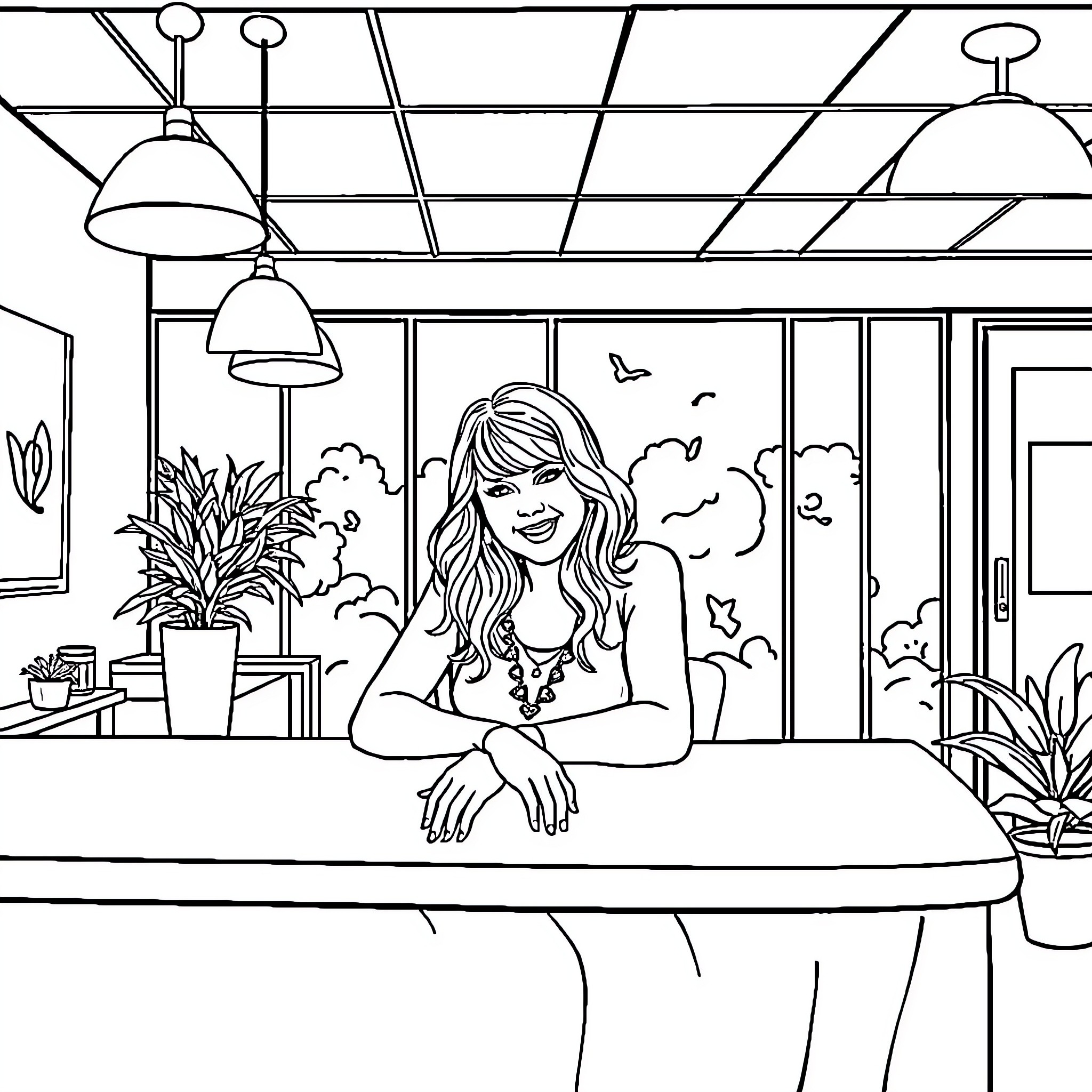 Taylor Swift Relaxing in Cozy Artistic Studio Coloring Page (free black-and-white line drawing printable PDF for all, from beginners to advanced learners, including children, teens, adults, and seniors)