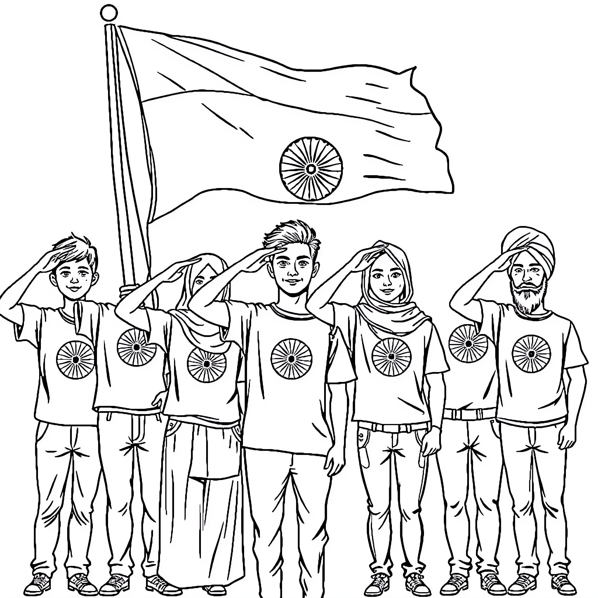 Students Celebrating Indian Independence Day Coloring Page (free black-and-white line drawing printable PDF for all, from beginners to advanced learners, including children, teens, adults, and seniors)