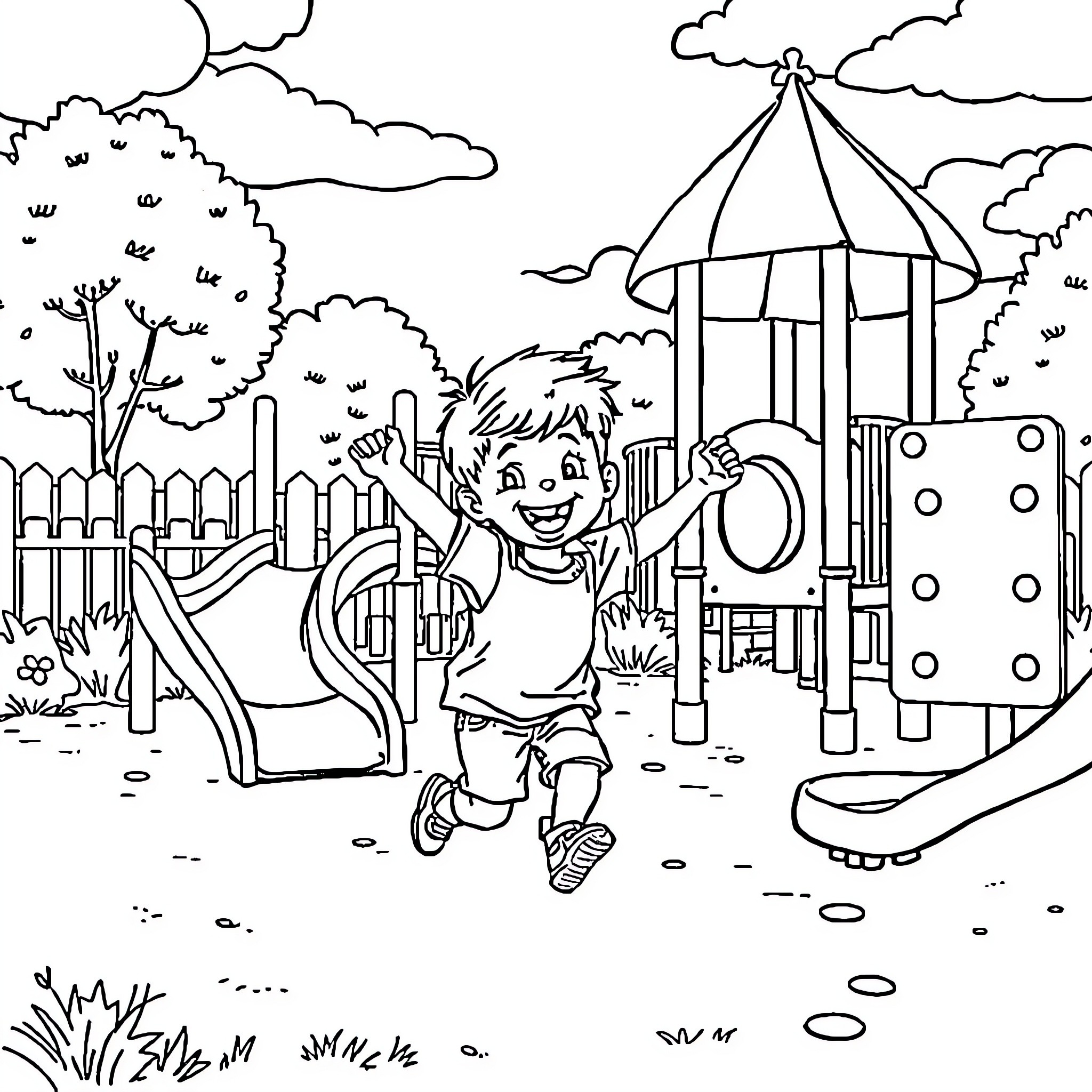 Boy playing happily at the playground Coloring Page (free black-and-white line drawing printable PDF for all, from beginners to advanced learners, including children, teens, adults, and seniors)