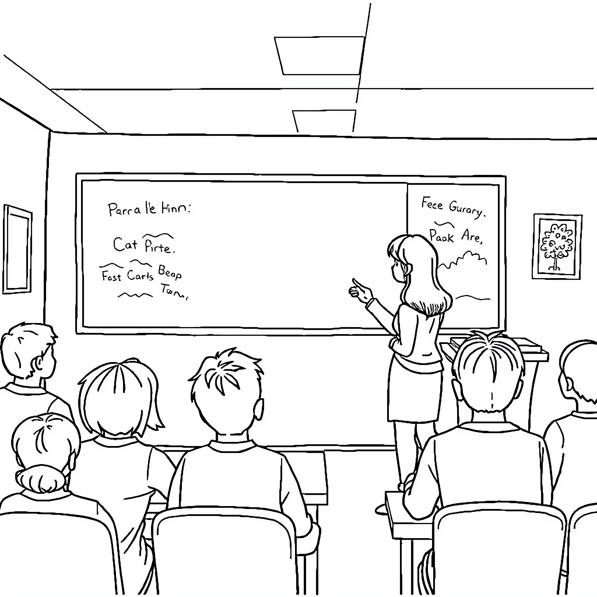 Teacher Interacting with Students in Classroom Coloring Page (free black-and-white line drawing printable PDF for all, from beginners to advanced learners, including children, teens, adults, and seniors)