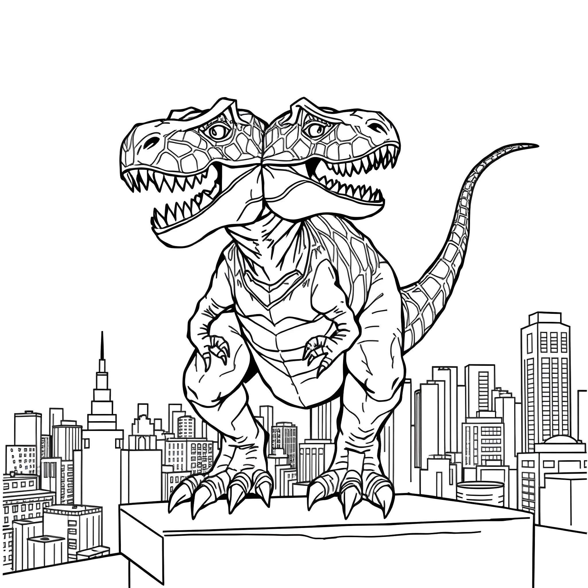 T-Rex Unleashed in the City Coloring Page (free black-and-white line drawing printable PDF for all, from beginners to advanced learners, including children, teens, adults, and seniors)