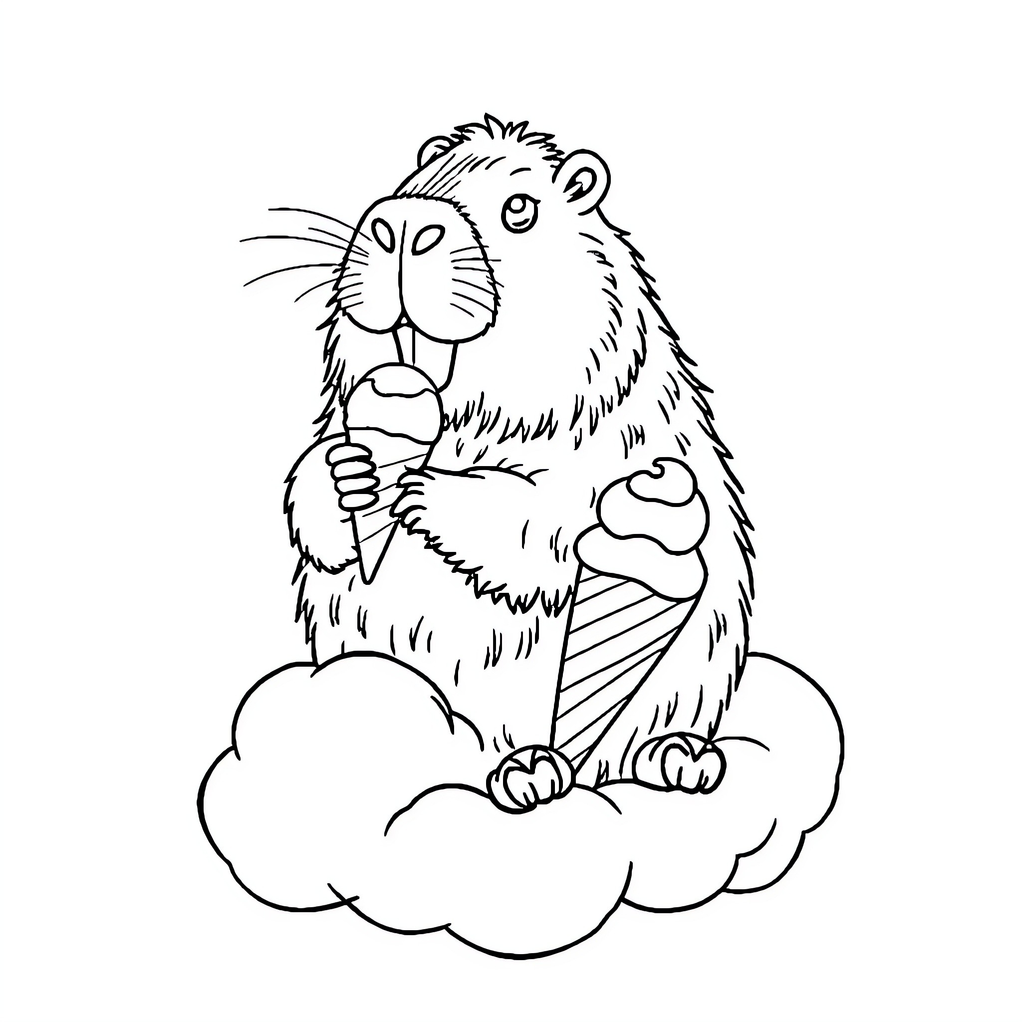 Capybara enjoying an ice cream on a cloud Coloring Page (free black-and-white line drawing printable PDF for all, from beginners to advanced learners, including children, teens, adults, and seniors)