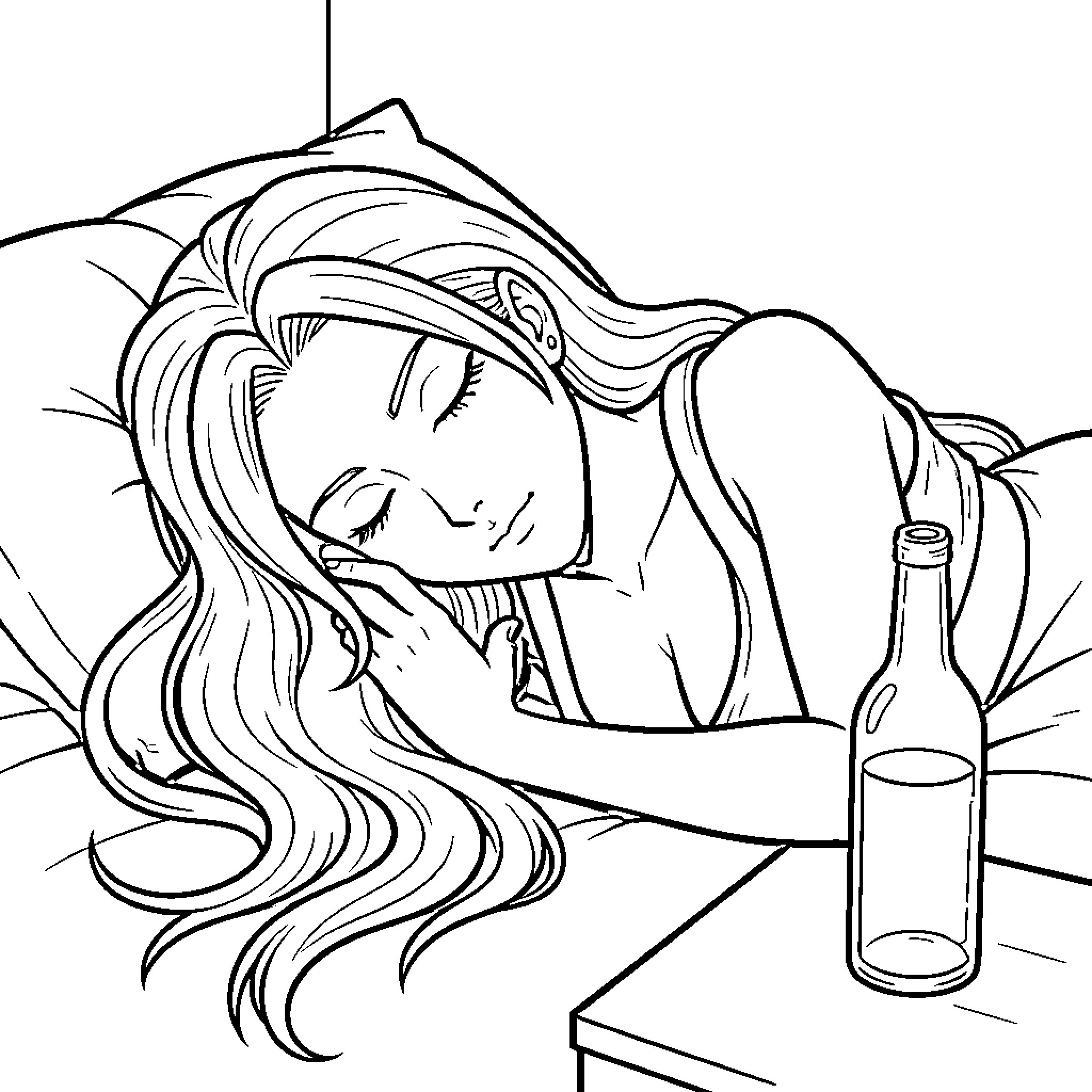 Tsunade resting with weary expression Coloring Page (free black-and-white line drawing printable PDF for all, from beginners to advanced learners, including children, teens, adults, and seniors)