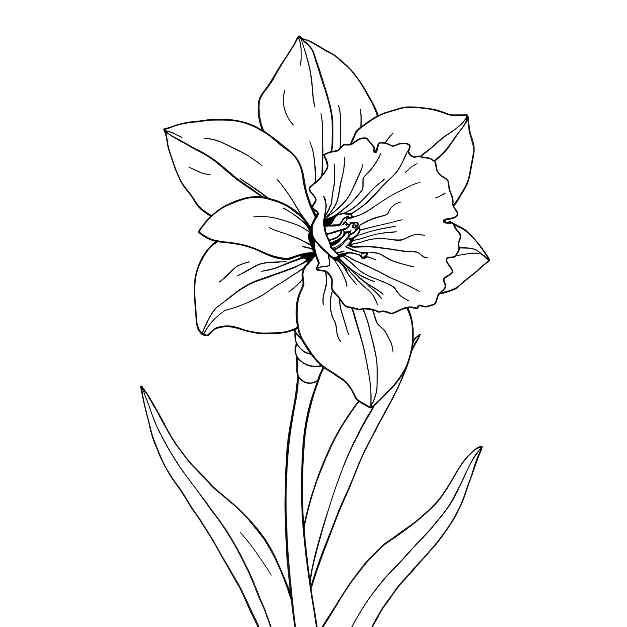 Daffodil flower blooming gracefully Coloring Page (free black-and-white line drawing printable PDF for all, from beginners to advanced learners, including children, teens, adults, and seniors)