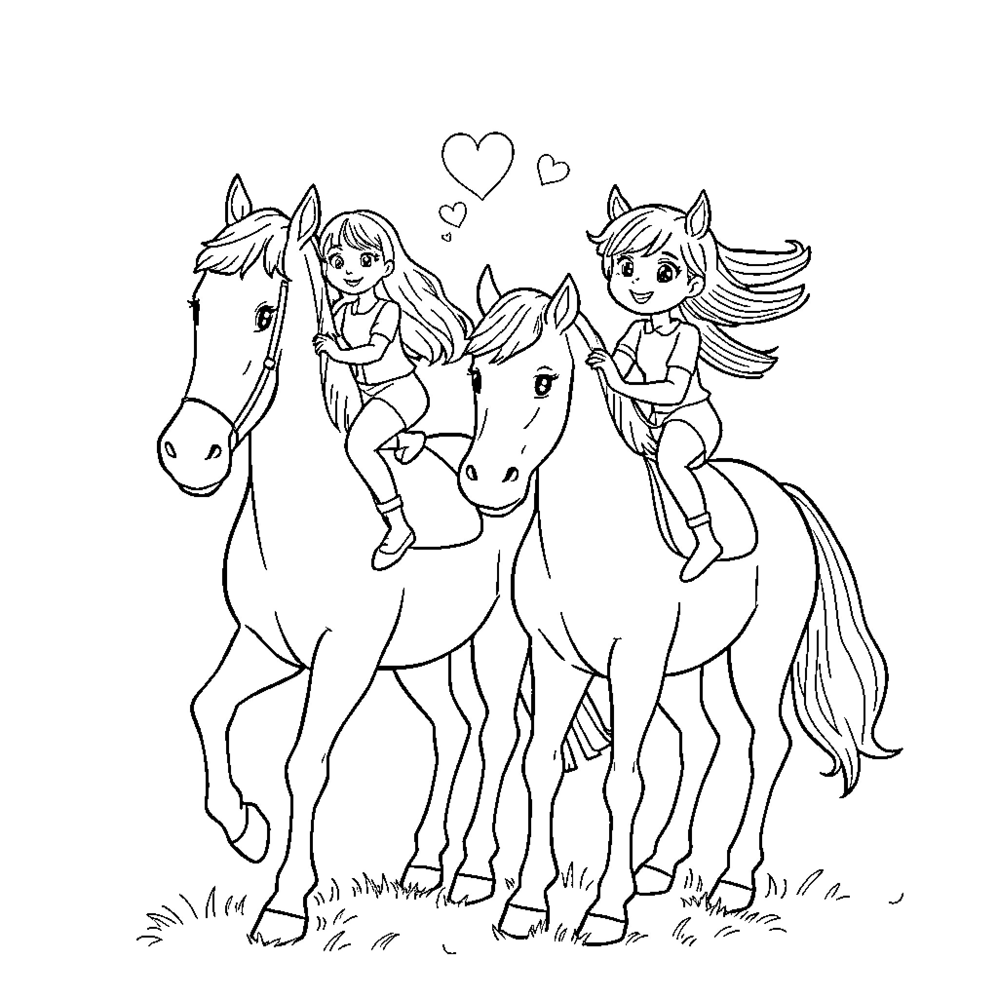 Horse Riding Adventure with Young Girls Coloring Page (free black-and-white line drawing printable PDF for all, from beginners to advanced learners, including children, teens, adults, and seniors)