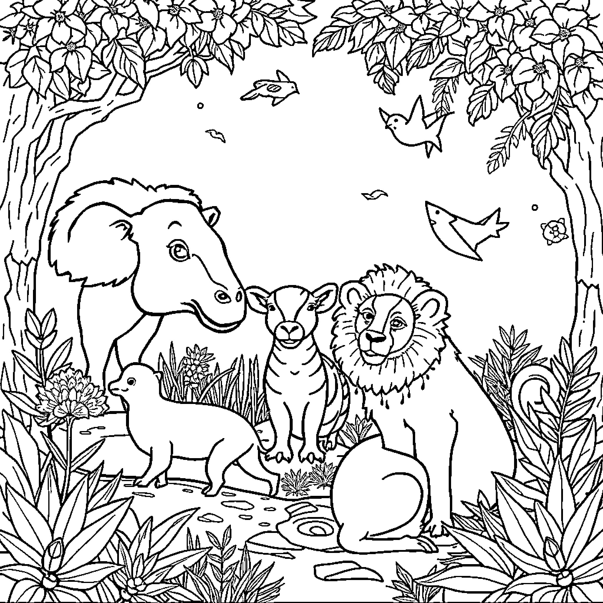 Animal group portrait in lush forest Coloring Page (free black-and-white line drawing printable PDF for all, from beginners to advanced learners, including children, teens, adults, and seniors)