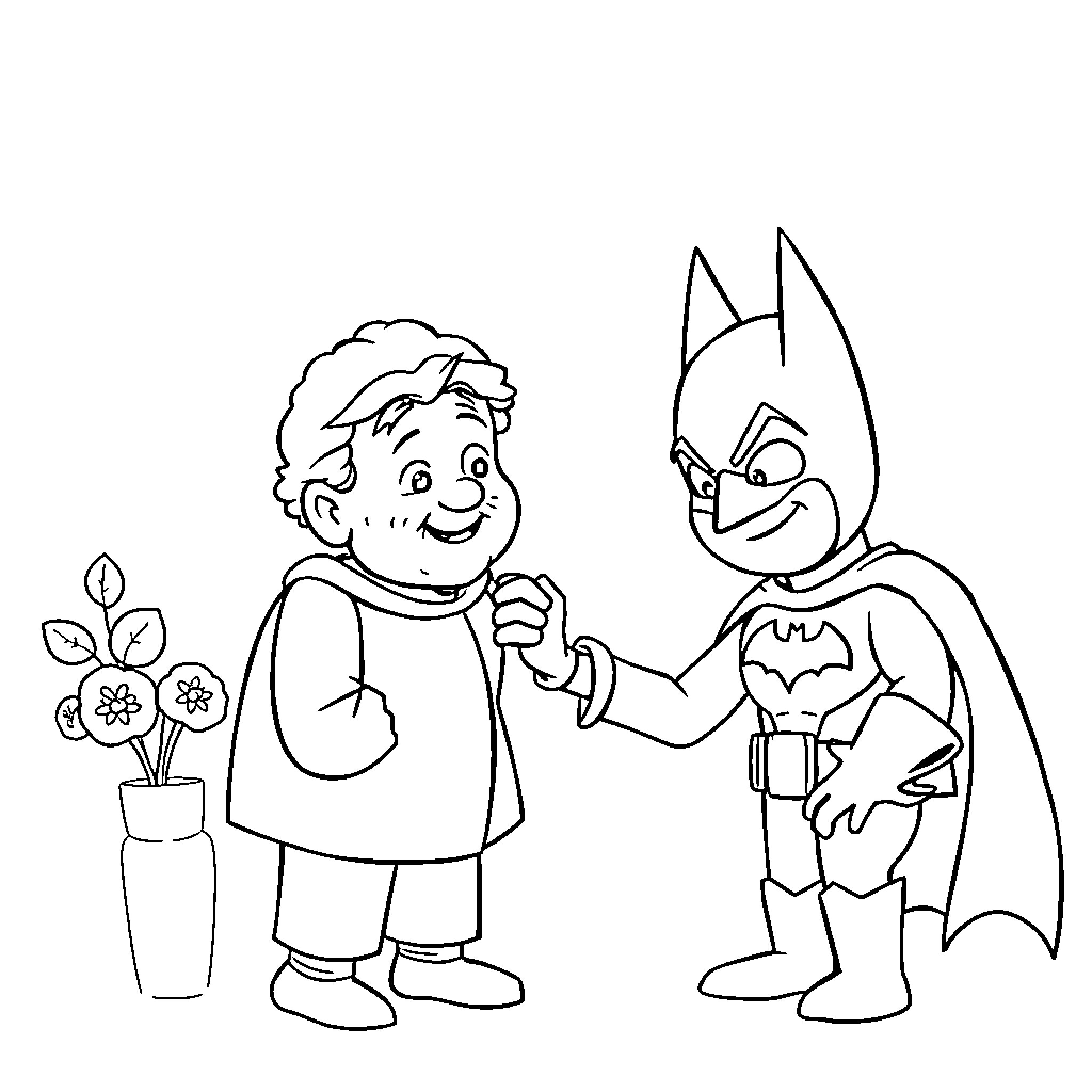 Batman helping a young boy in a garden Coloring Page (free black-and-white line drawing printable PDF for all, from beginners to advanced learners, including children, teens, adults, and seniors)
