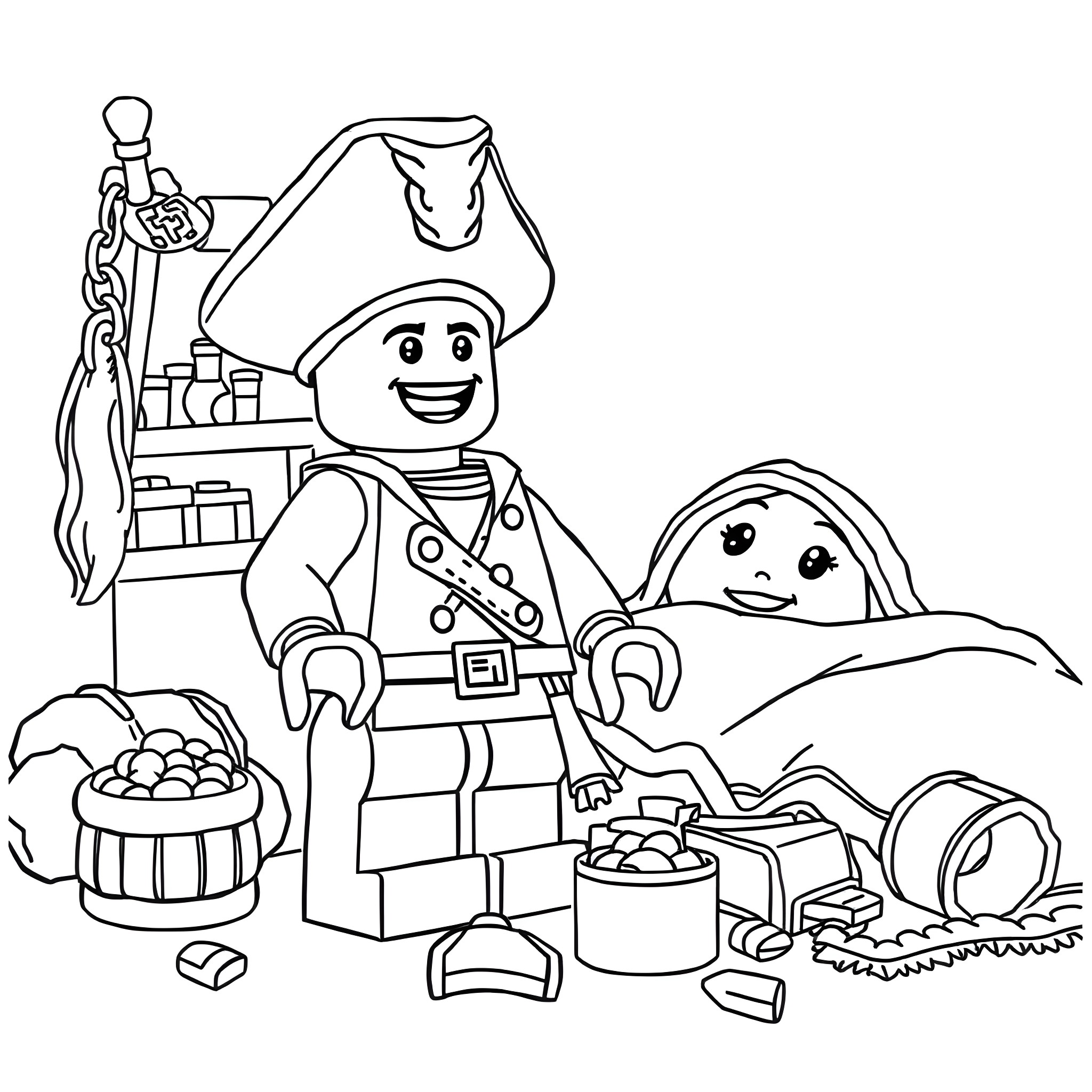 Lego Figurine Pirate Captain and Treasure Chest Coloring Page (free black-and-white line drawing printable PDF for all, from beginners to advanced learners, including children, teens, adults, and seniors)