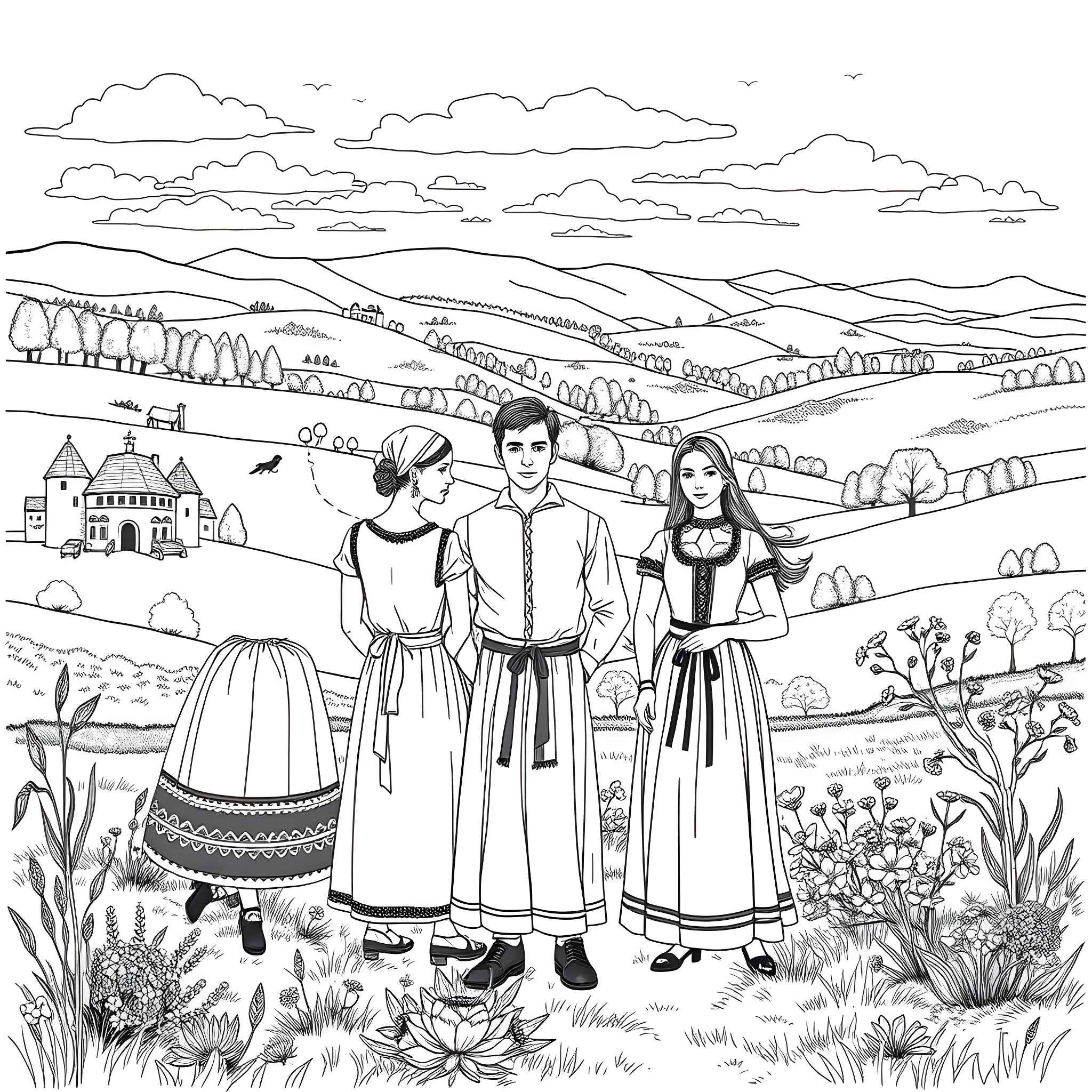 Clothing of traditional folk costumes in the countryside Coloring Page (free black-and-white line drawing printable PDF for all, from beginners to advanced learners, including children, teens, adults, and seniors)