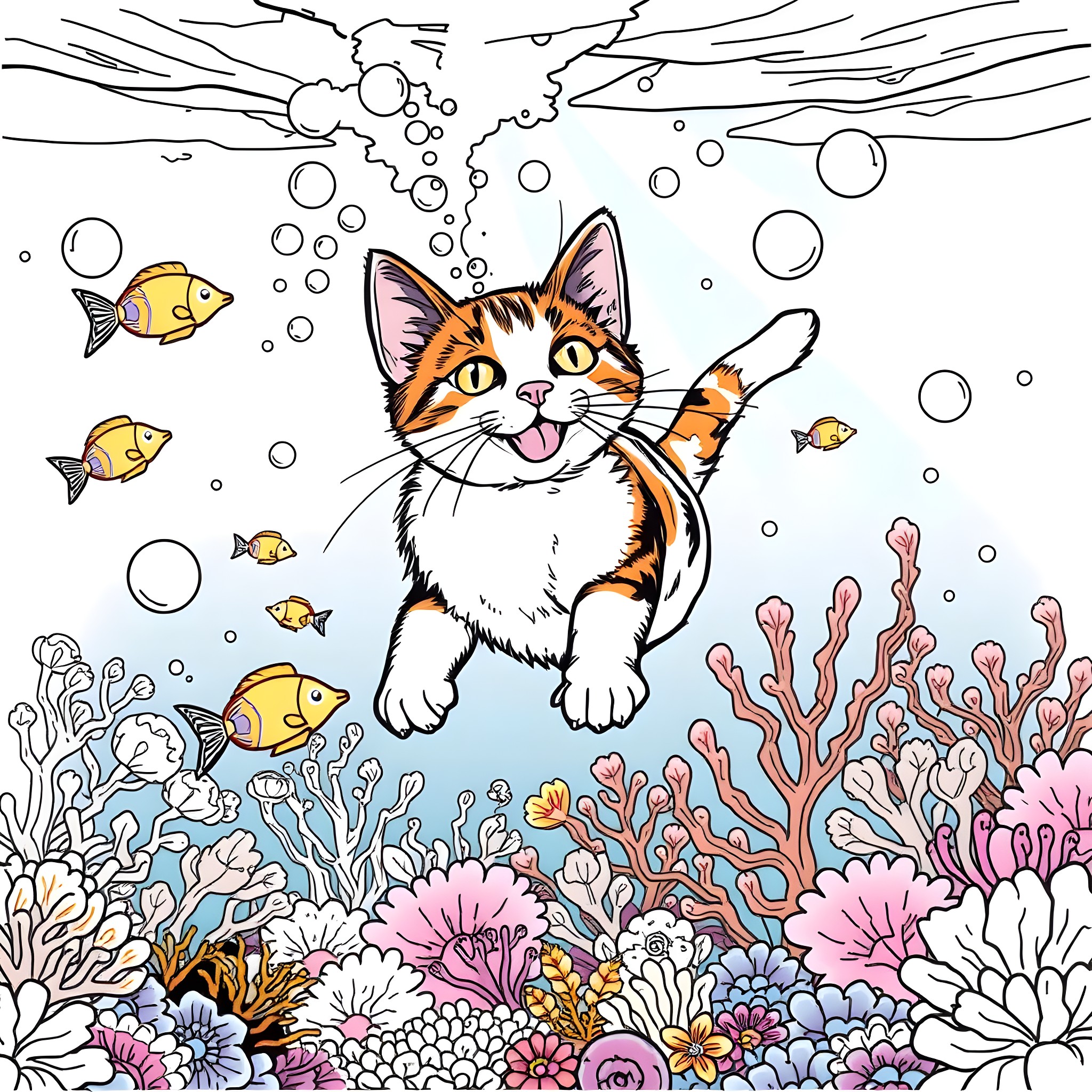 Calico Cat Exploring Underwater Coral Reef Coloring Page (free black-and-white line drawing printable PDF for all, from beginners to advanced learners, including children, teens, adults, and seniors)