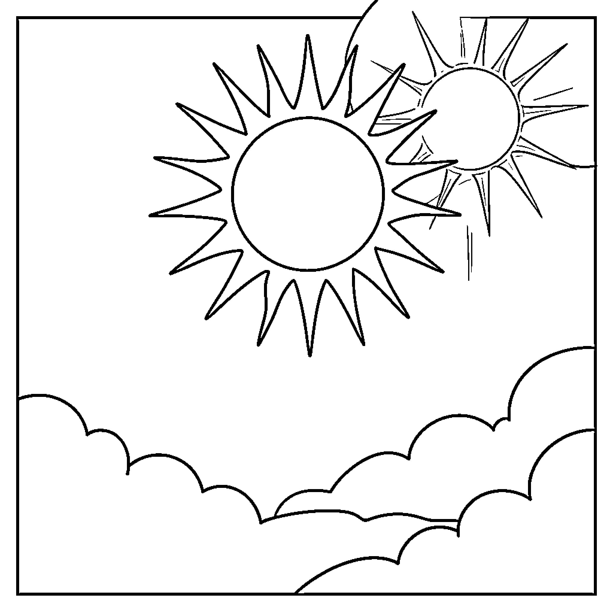 Sun shines brightly in the sky Coloring Page (free black-and-white line drawing printable PDF for all, from beginners to advanced learners, including children, teens, adults, and seniors)