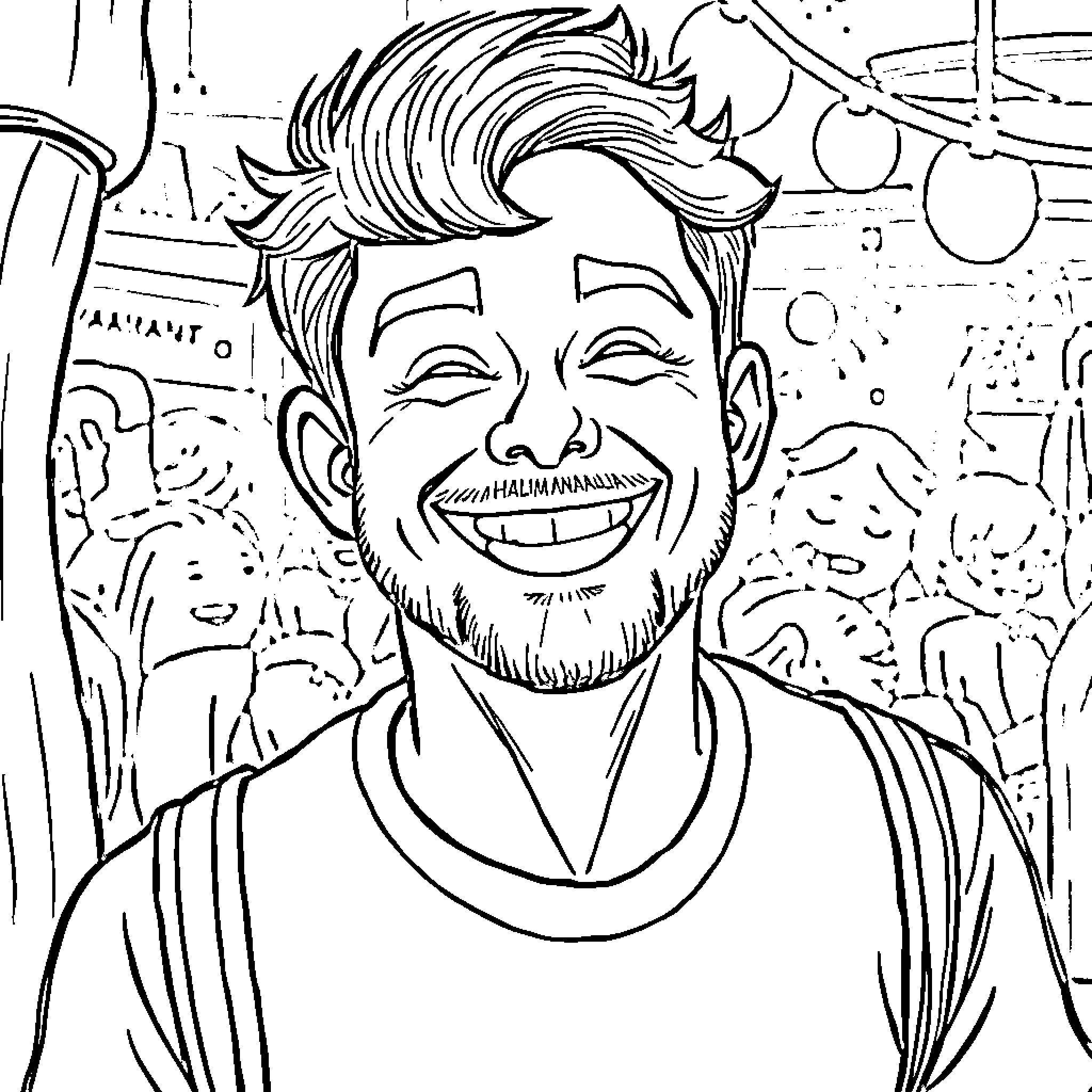 Justin Helmandollar's Joyful Smile and Whimsical Attire Coloring Page (free black-and-white line drawing printable PDF for all, from beginners to advanced learners, including children, teens, adults, and seniors)