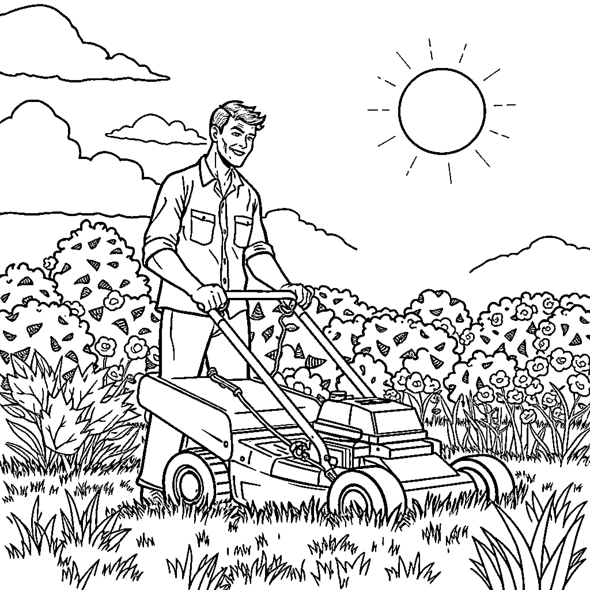 Dad mowing the lawn on a sunny day Coloring Page (free black-and-white line drawing printable PDF for all, from beginners to advanced learners, including children, teens, adults, and seniors)