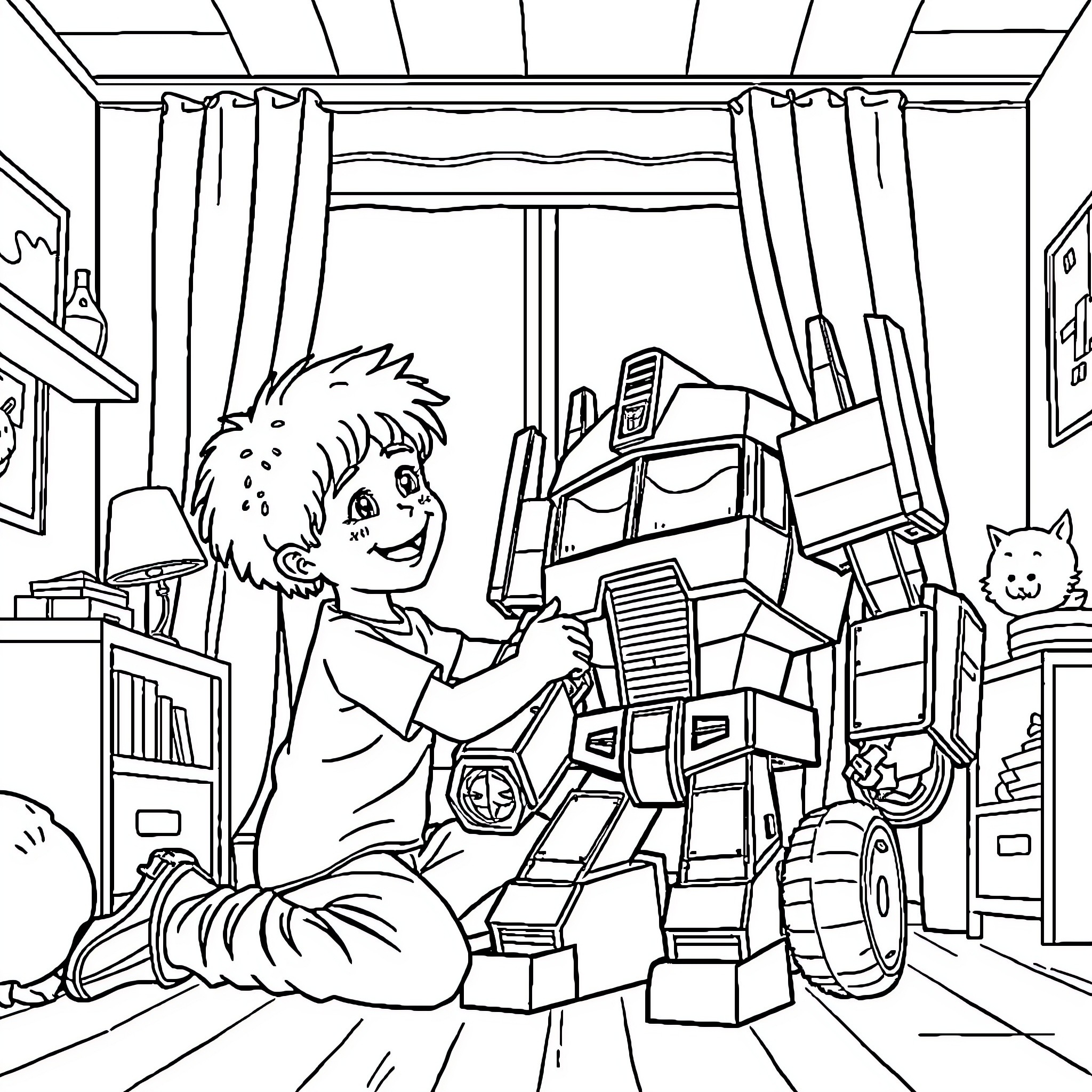 Boy playing happily with robot toys in his room Coloring Page (free black-and-white line drawing printable PDF for all, from beginners to advanced learners, including children, teens, adults, and seniors)