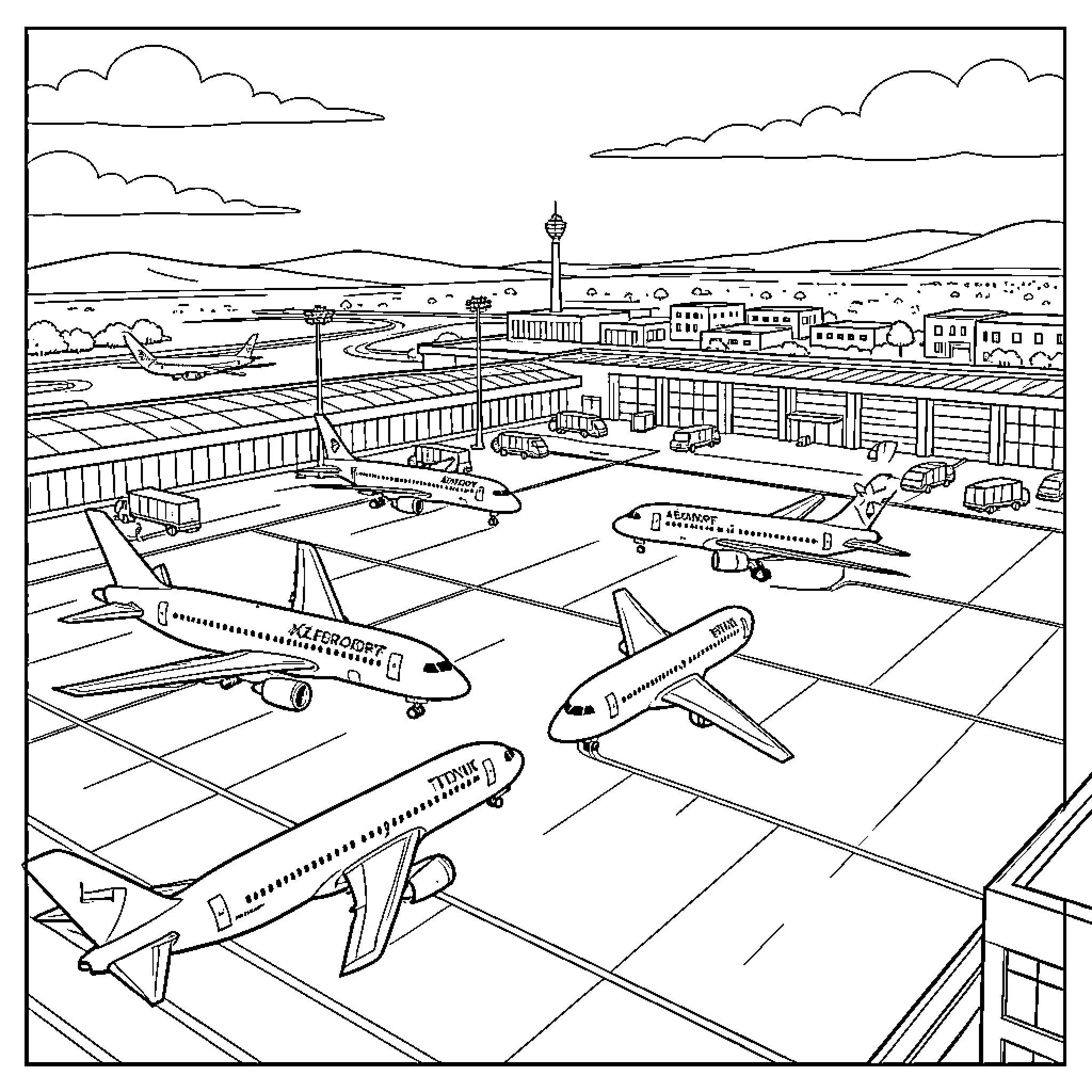 Airport scene with multiple airplanes on the tarmac Coloring Page (free black-and-white line drawing printable PDF for all, from beginners to advanced learners, including children, teens, adults, and seniors)