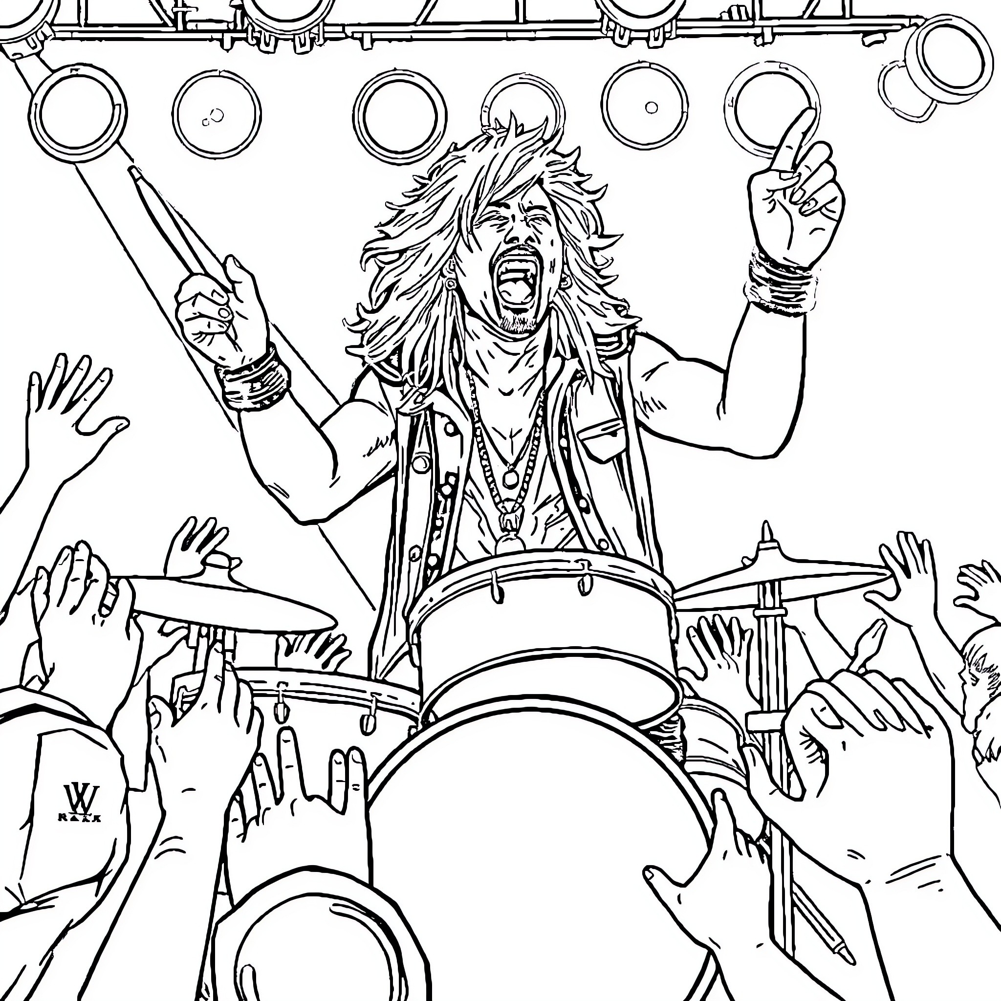 Axl Rose's energetic rock performance on stage Coloring Page (free black-and-white line drawing printable PDF for all, from beginners to advanced learners, including children, teens, adults, and seniors)