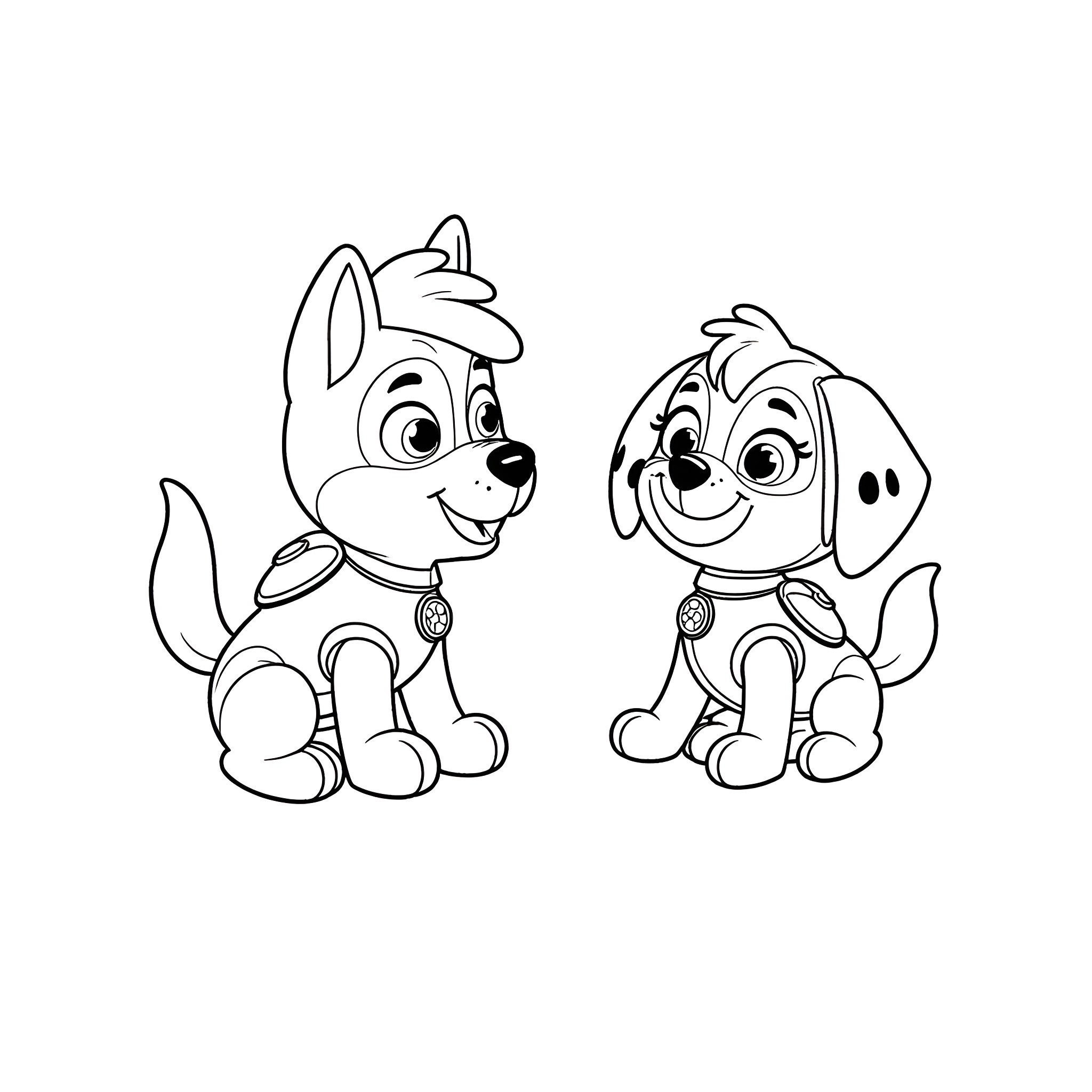 Paw Patrol Puppies in Playful Poses Coloring Page (free black-and-white line drawing printable PDF for all, from beginners to advanced learners, including children, teens, adults, and seniors)
