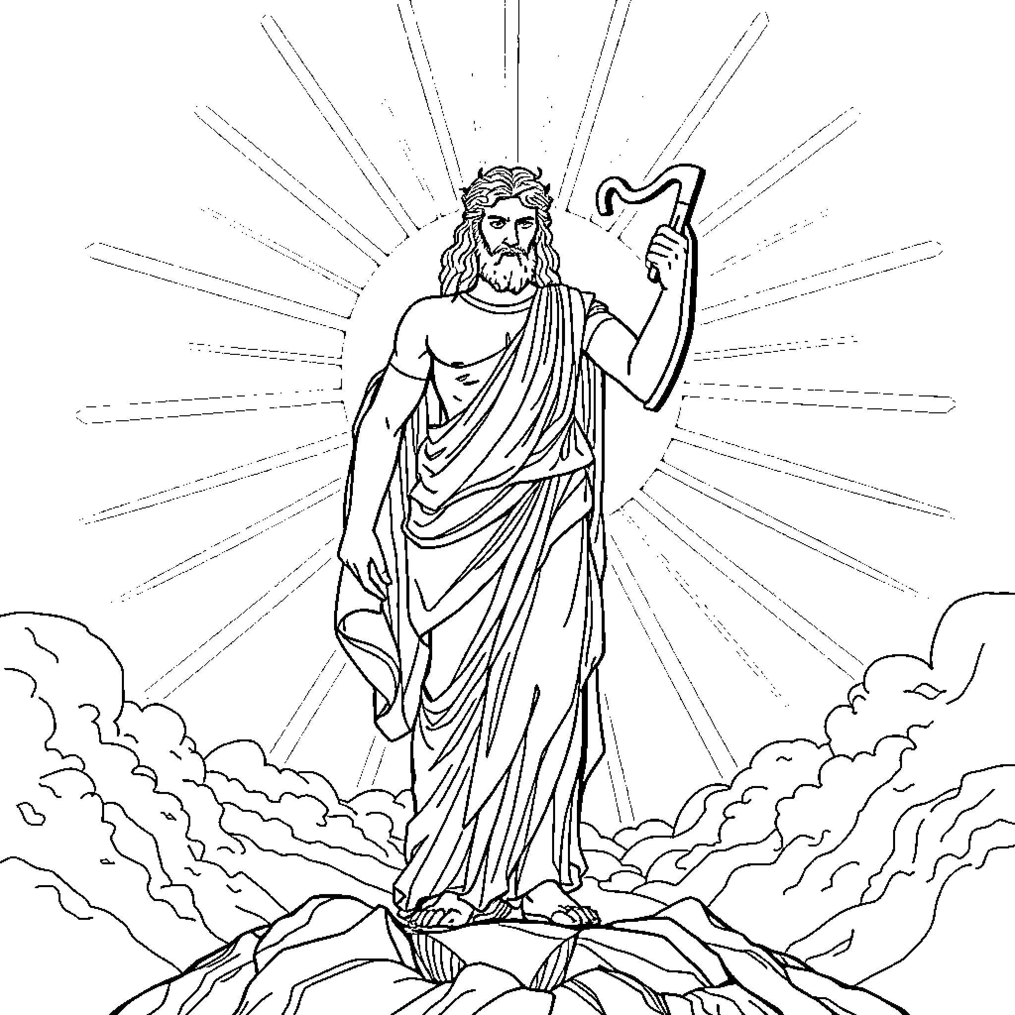 Apollo, the Greek god, emerging from the clouds Coloring Page (free black-and-white line drawing printable PDF for all, from beginners to advanced learners, including children, teens, adults, and seniors)