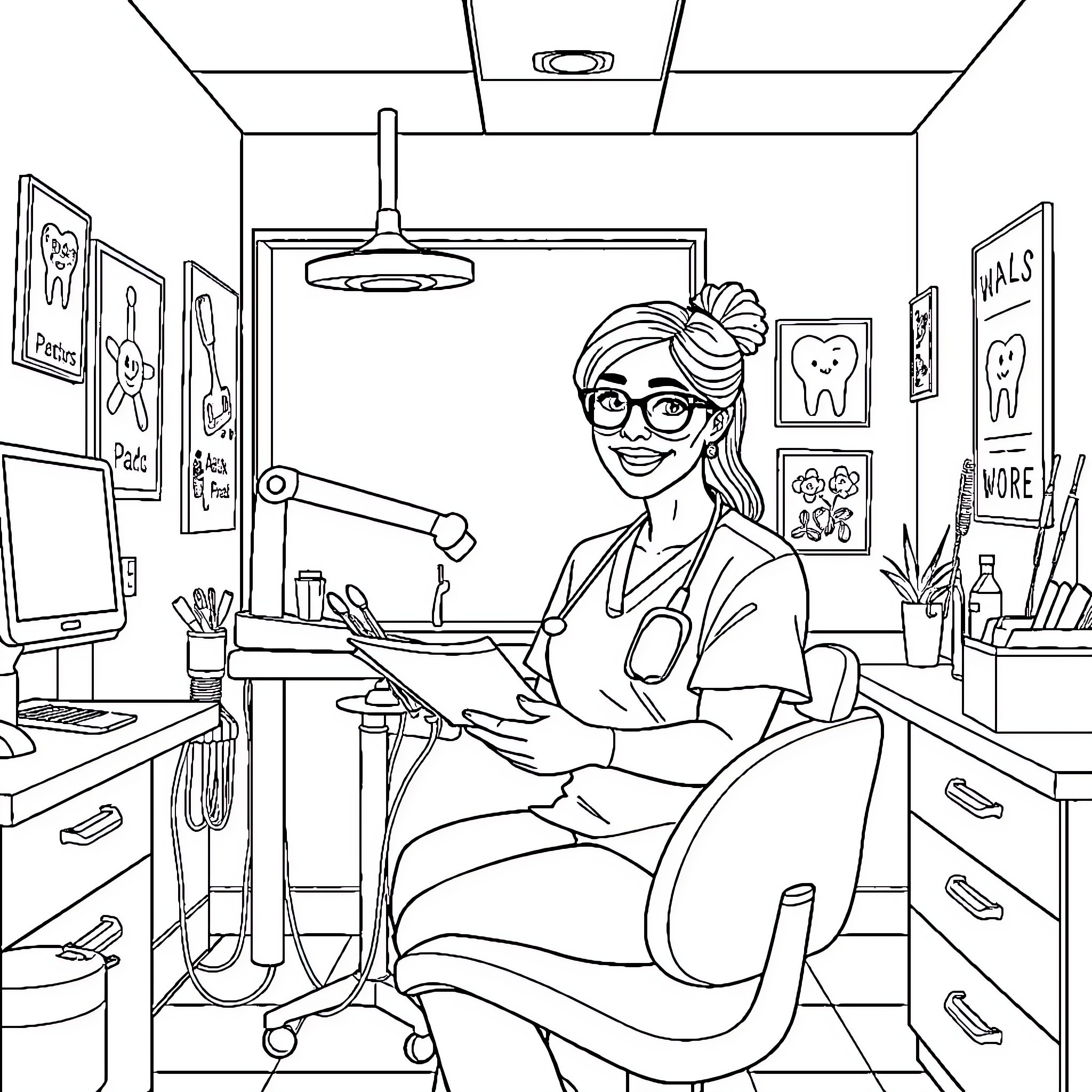 Dentist working diligently in her office Coloring Page (free black-and-white line drawing printable PDF for all, from beginners to advanced learners, including children, teens, adults, and seniors)