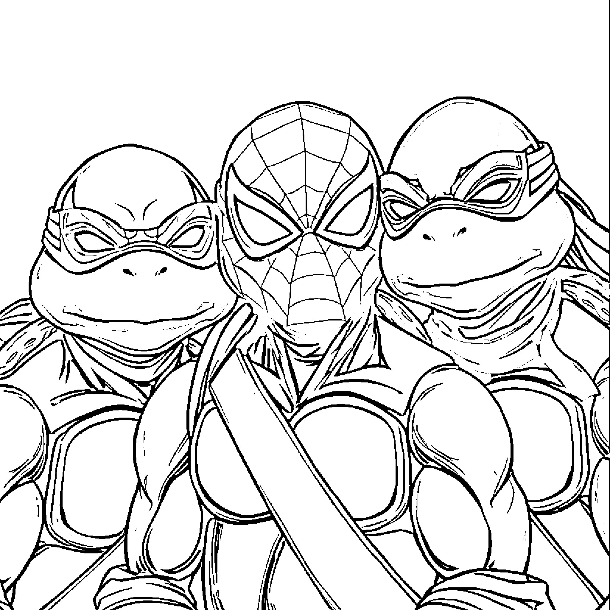 Teenage Mutant Ninja Turtles in heroic action poses Coloring Page (free black-and-white line drawing printable PDF for all, from beginners to advanced learners, including children, teens, adults, and seniors)