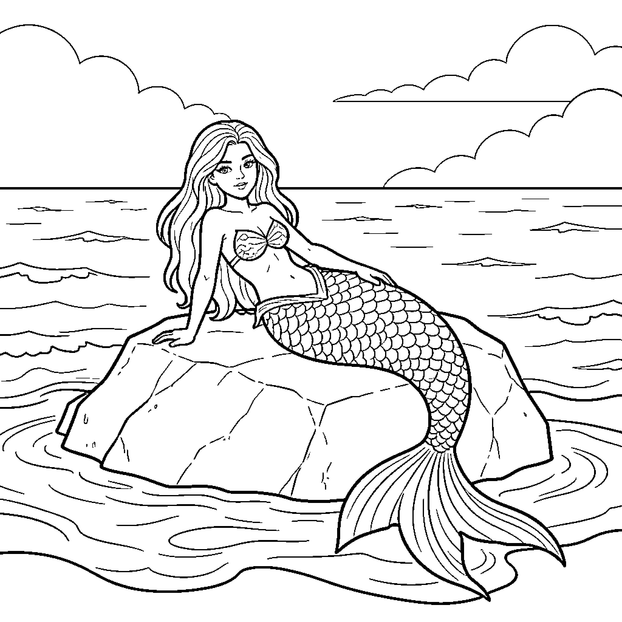 Mermaid sitting gracefully on a large rock Coloring Page (free black-and-white line drawing printable PDF for all, from beginners to advanced learners, including children, teens, adults, and seniors)
